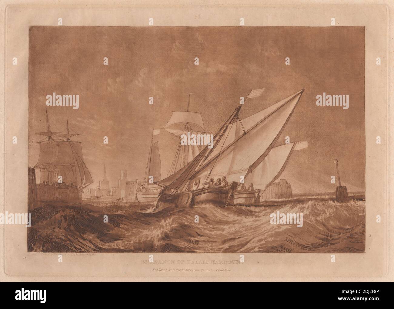 Entrée du port de Calais, étondu et gravé par Joseph Mallord William Turner, 1775–1851, British, d'après Joseph Mallord William Turner, 1775–1851, British, 1816, Etching et mezzotint, imprimé à l'encre brune sur du papier à la crème, moyennement texturé, feuille: 11 × 16 pouces (27.9 × 40.6 cm), plaque: 8 1/2 × 12 pouces (21.6 × 30.5 cm) et image : 7 × 10 1/2 pouces (17.8 × 26.7 cm) Banque D'Images