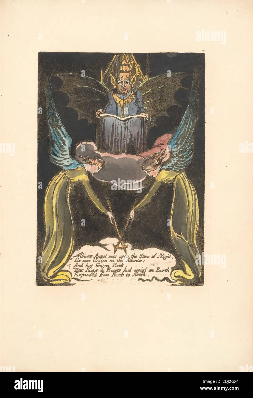 Europe. Une prophétie, plaque 12, 'Albions Angel rose . . . . ' (Bentley 14), imprimé par William Blake, 1757–1827, British, 1794, peinture relief imprimée en marron foncé avec stylo et encre noire, huile et aquarelle sur papier à feuilles crème légèrement épais, feuille: 14 3/4 x 10 1/2 pouces (37.5 x 26.7 cm), plaque: 9 1/4 x 6 5/8 pouces (23.5 x 16.8 cm), et colonne vertébrale : 15 3/8 pouces (39.1 cm), anges, livre, nuages, hommes, sujet religieux et mythologique, sceptiques, texte, trône, ailes, femmes Banque D'Images