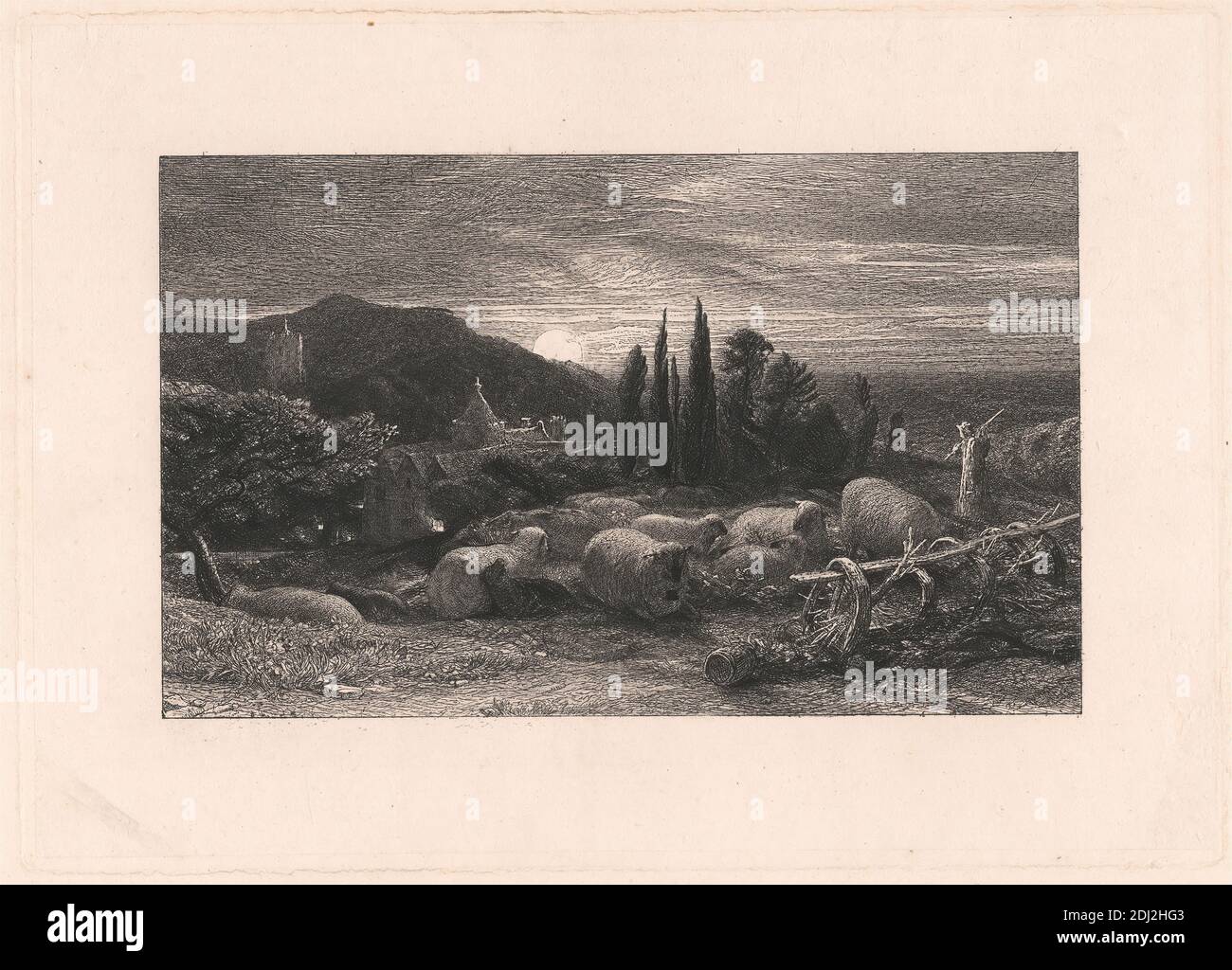 The Rising Moon, imprimé par Samuel Palmer, 1805–1881, britannique, active en Italie (1837–39), 1857, Etching et point sec, avec ton de plaque sur papier épais, lisse, crème de vélin avec colé de chine crème, feuille: 10 3/4 x 14 5/16 pouces (27.3 x 36.4 cm), plaque: 7 x 9 13/16 pouces (17.8 x 25 cm), et image: 4 5/8 x 7 1/2 pouces (11.8 x 19.1 cm), art animal, canon, église, nuages, cyprès, genre sujet, chapeau, collines, horizon ligne, maison, paysage, lune, lune, lune, lune, montagne, nuit, étang, mouton, berger, personnel, tour (bâtiment), arbres, chemin, village Banque D'Images