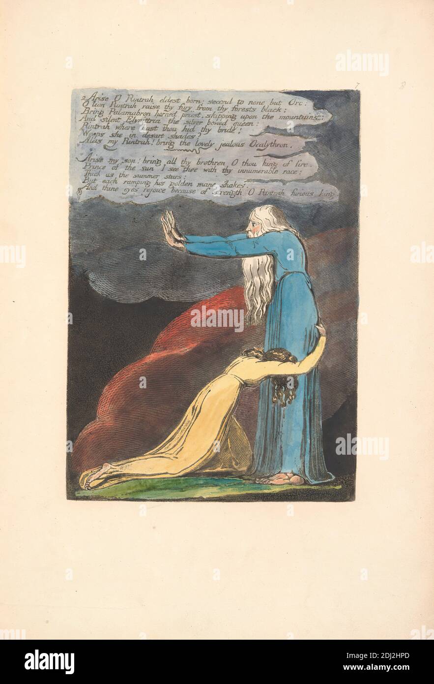 Europe. Une prophétie, planche 9, 'Epose O Rintrah . . . .' (Bentley 11), imprimé par William Blake, 1757–1827, British, 1794, peinture relief imprimée en brun foncé avec stylo et encre noire, huile et aquarelle sur papier vélin crème modérément épais, légèrement texturé, feuille: 14 3/4 x 10 1/2 pouces (37.5 x 26.7 cm), plaque: 9 1/4 x 6 1/2 pouces (23.5 x 16.5 cm), et Rachis : 15 3/8 pouces (39.1 cm), barbe, nuages, agenouillement, sujet religieux et mythologique, texte, femmes Banque D'Images