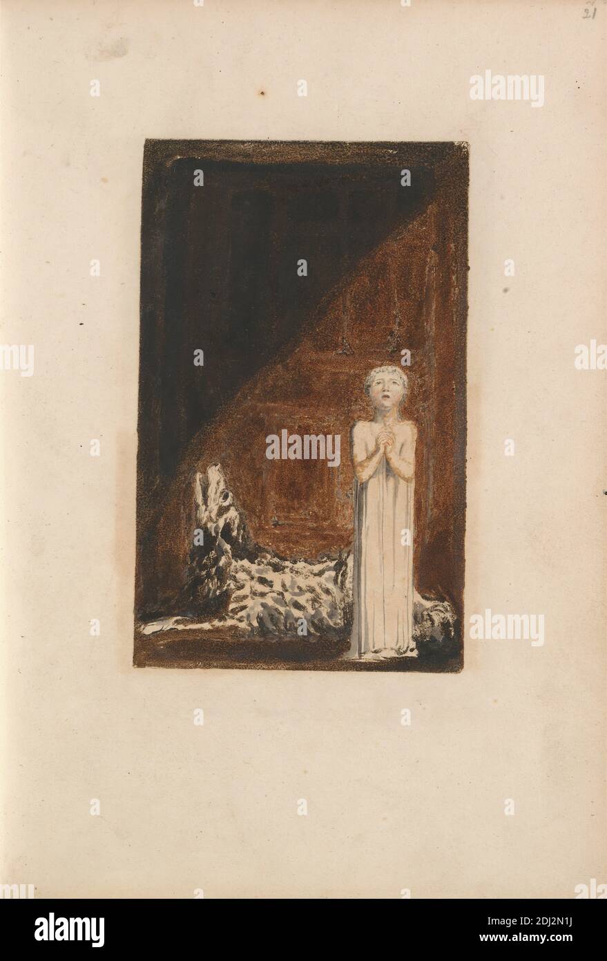 The First Book of Urizen, planche 25 (Bentley 26), imprimé par William Blake, 1757–1827, British, 1794, relief imprimé en couleur brun-orange avec aquarelle sur papier de vélin crème modérément épais, légèrement texturé, feuille: 10 x 7 1/8 pouces (25.4 x 18.1 cm), plaque: 6 1/2 x 4 pouces (16.5 x 10.2 cm), et Rachis : 10 1/4 pouces (26 cm), enfants, chien (animal), nourrisson, thème littéraire, sujet religieux et mythologique, mur, loup Banque D'Images