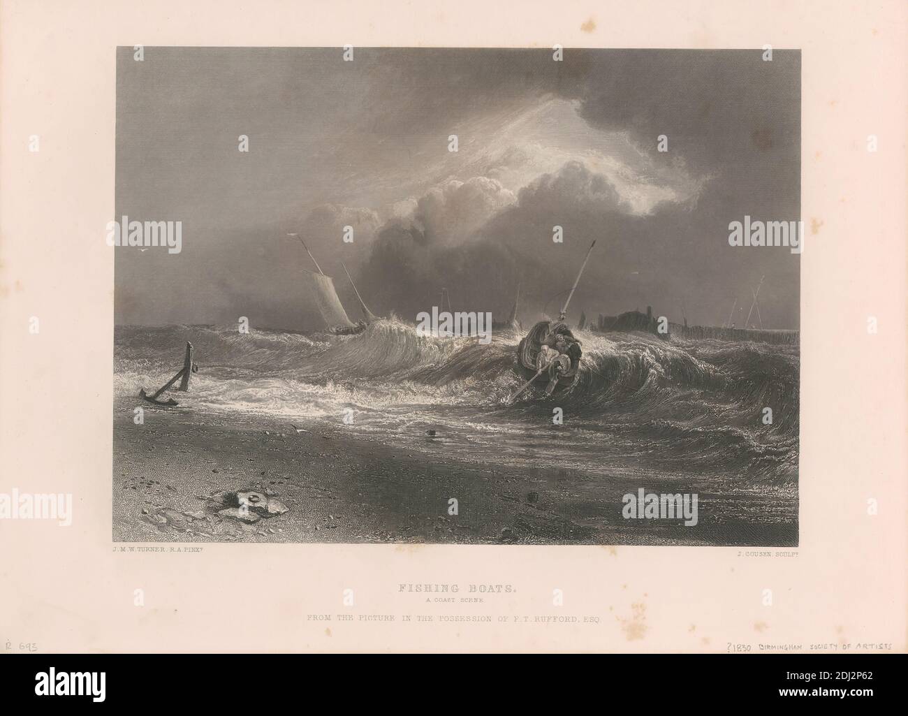 Bateaux de pêche, une scène côtière, John Cousen, 1804–1880, British, d'après Joseph Malbord William Turner, 1775–1851, British, 1859-1879, gravure en acier Banque D'Images