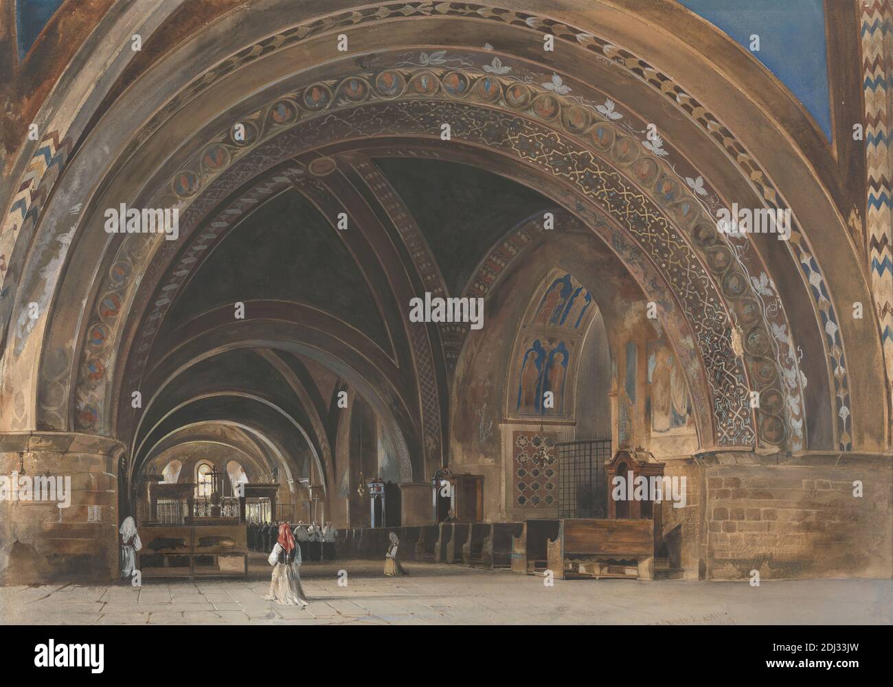 L'intérieur de la basilique basse de Saint François d'Assise, Thomas Hartley Cromek, 1809–1873, britannique, 1839, aquarelle et gouache à la gomme arabique sur papier de vache légèrement épais et légèrement texturé, feuille : 13 11/16 x 19 7/16 pouces (34.7 x 49.4 cm), arches, sujet architectural, basilique, église, église, croix, sujet de genre, Grand Tour, intérieur, agenouillement, hommes, ragoûts, prière, sujet religieux et mythologique, femmes, Assise, Italie, Basilique papale de Saint François d'Assise, Pérouse, Ombrie Banque D'Images