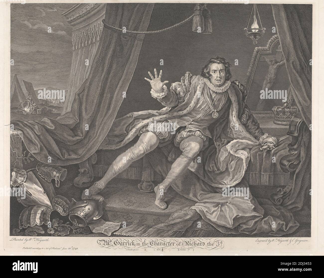 M. Garrick dans le personnage de Richard III, William Hogarth, 1697–1764, British, et Charles Grignion, 1717–1810, British, 1746, gravure, thème littéraire, portrait Banque D'Images