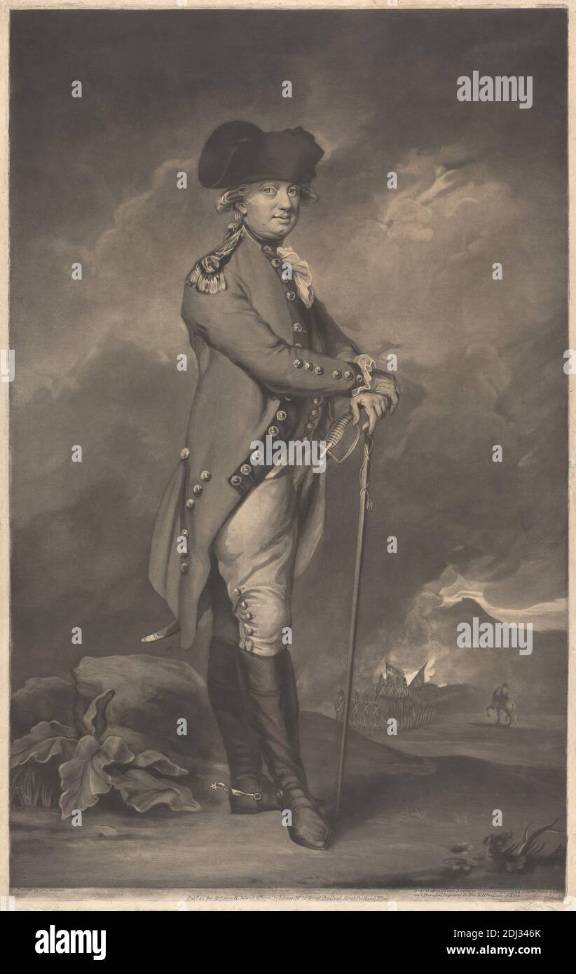 Général Cornwallis, John Jones, ca. 1745–1797, britannique, après (probablement) Daniel Gardner, 1750–1805, britannique, 6 mars 1793, Mezzotint, feuille : 24 x 15 po. (61 x 38,1 cm), armée, chapeau, cheval (animal), portrait, rochers (formes terrestres), épée, uniformes, militaire, Union Jack Banque D'Images