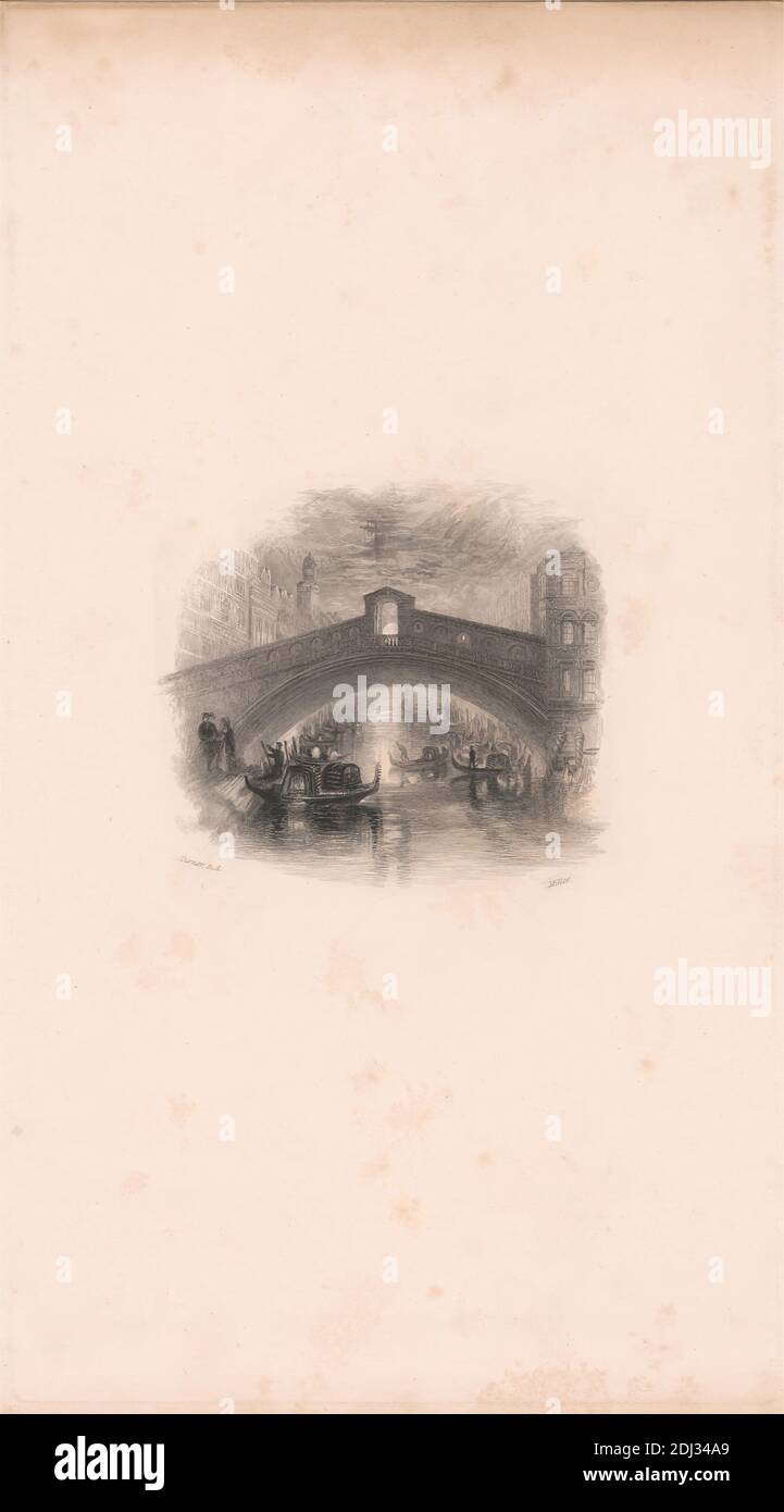 Venice, The Rialto, Moonlight, William Miller, 1796–1882, British, d'après Joseph Malbord William Turner, 1775–1851, British, 1834, gravure en ligne, 1er état sur modérément épais, légèrement texturé, beige, papier vélin, feuille: 11 5/8 × 6 1/2 pouces (29.5 × 16.5 cm) et image: 3 1/2 × 4 pouces (8.9 × 10.2 cm Banque D'Images