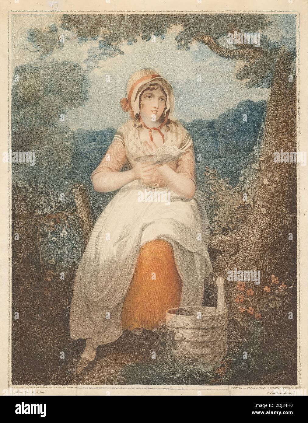 Crédulité, imprimé réalisé par Anthony Cardon, 1772–1813, flamand, d'après Francis Wheatley, 1747–1801, British, 1796, gravure en couleur et en crépilles, avec coloration à la main en aquarelle sur papier vélin crème modérément épais, légèrement texturé, feuille: 11 13/16 x 9 5/16 pouces (30 x 23.6 cm) et image: 11 x 8 7/16 pouces (28 x 21.5 cm), tablier, seau, boucle, buissons, nuages, campagne (paysage rural), clôtures, fleurs (plantes), regard, genre sujet, herbe, lettre, orange, pastoral, paysan, rose, ruban, romantique, foulard, chaussures (chaussures), ciel, pare-soleil, pensif, arbres, vignes, femme Banque D'Images