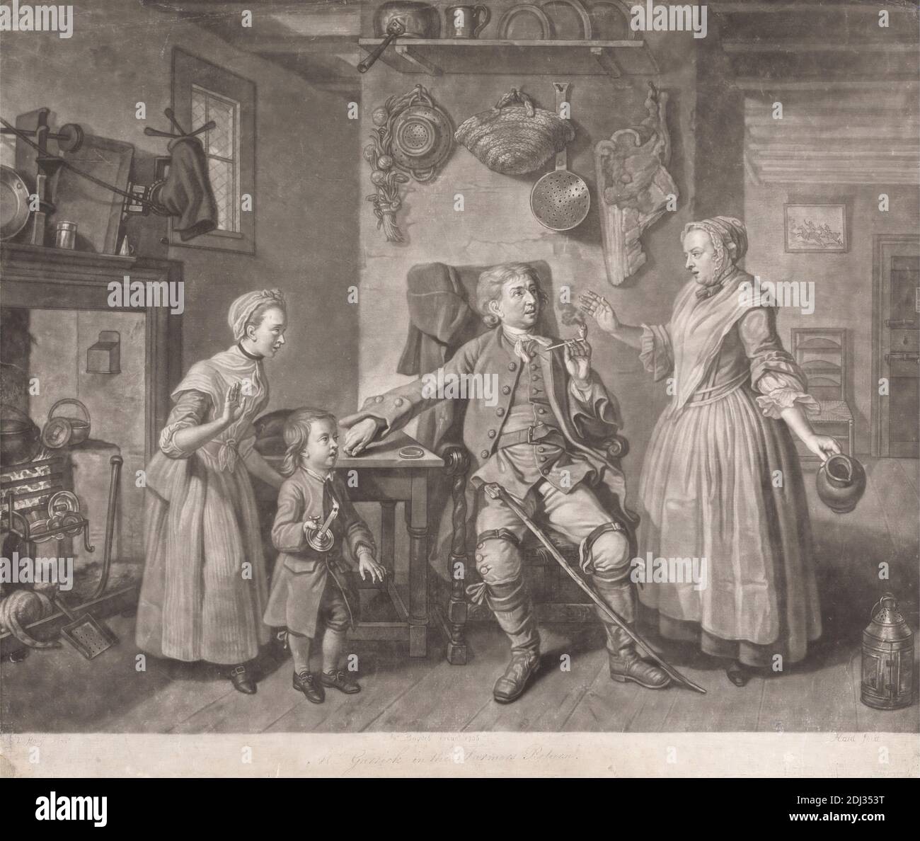 M. Garrick dans 'The Farmer's Return', Johann Jacobus Haid, 1704–1767, d'après Johan Joseph Zoffany RA, 1733–1810, allemand, actif en Grande-Bretagne (de 1760), publié par John Boydell, 1720–1804, British, 1766, Mezzotint sur papier moyen, légèrement texturé, crème, feuille: 17 x 19 7/8 pouces (43.2 x 50.5 cm), plaque: 17 x 19 7/8 pouces (43.2 x 50.5 cm), et image: 15 3/4 x 19 7/8 pouces (40 x 50.5 cm), acteurs, actrices, panier, garçon, bougie, canne, chaises, enfants, plats, fermier, cheminée, fille, maison, intérieur, bouilloire, cuisine, lanterne, thème littéraire, homme, mug, pipe, pichet, assiette, pièces de théâtre Banque D'Images