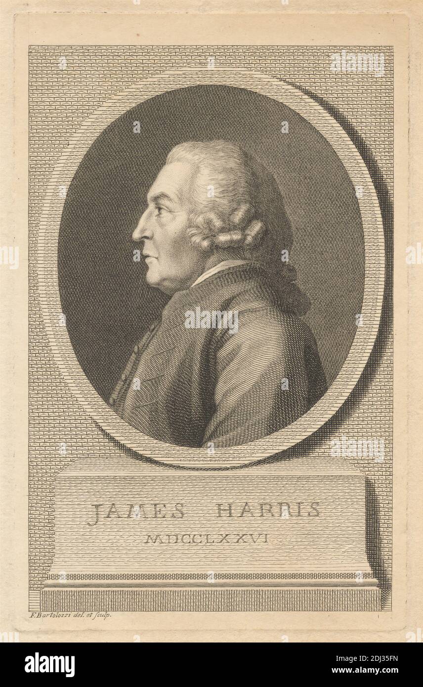 James Harris, Francesco Bartolozzi RA, 1728–1815, italien, actif en Grande-Bretagne (1764–99), d'après George Romney, 1734–1802, britannique, 1776, gravure de ligne sur papier crème modérément épais, modérément texturé, feuille: 9 x 6 pouces (22.9 x 15.2 cm), plaque: 7 1/8 x 4 1/2 pouces (18.1 x 11.4 cm), et image: 6 1/2 x 10.5 cm (4 1/8 x 16.5 pouces), portrait Banque D'Images