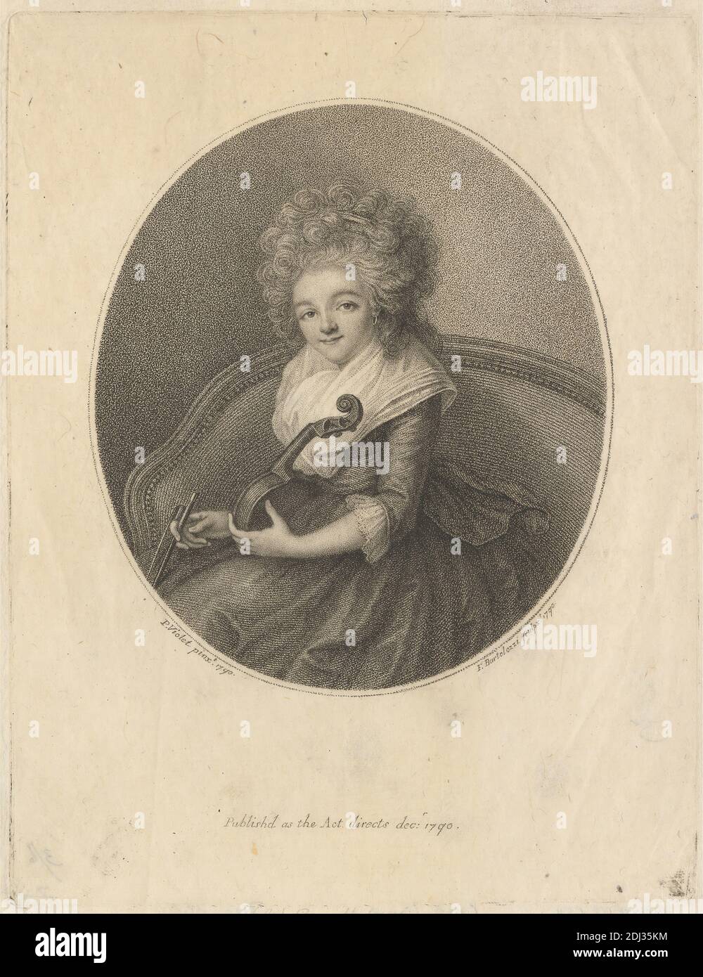 Mme Gautherot, imprimé par Francesco Bartolozzi RA, 1728–1815, italien, actif en Grande-Bretagne (1764–99), d'après Pierre N. Violet, 1749–1819, français, 1790, gravure et gravure en pointillé sur papier fin, lisse, crème, feuille: 7 1/2 x 5 13/16 pouces (19.1 x 14.7 cm), plaque: 7 3/16 x 5 1/2 pouces (18.3 x 14 cm), et image : 4 13/16 x 4 3/16 pouces (12.2 x 10.7 cm), arc, costume, boucles, robe, musique, musicien, ovale, portrait, canapé, violon, violoniste, femme Banque D'Images