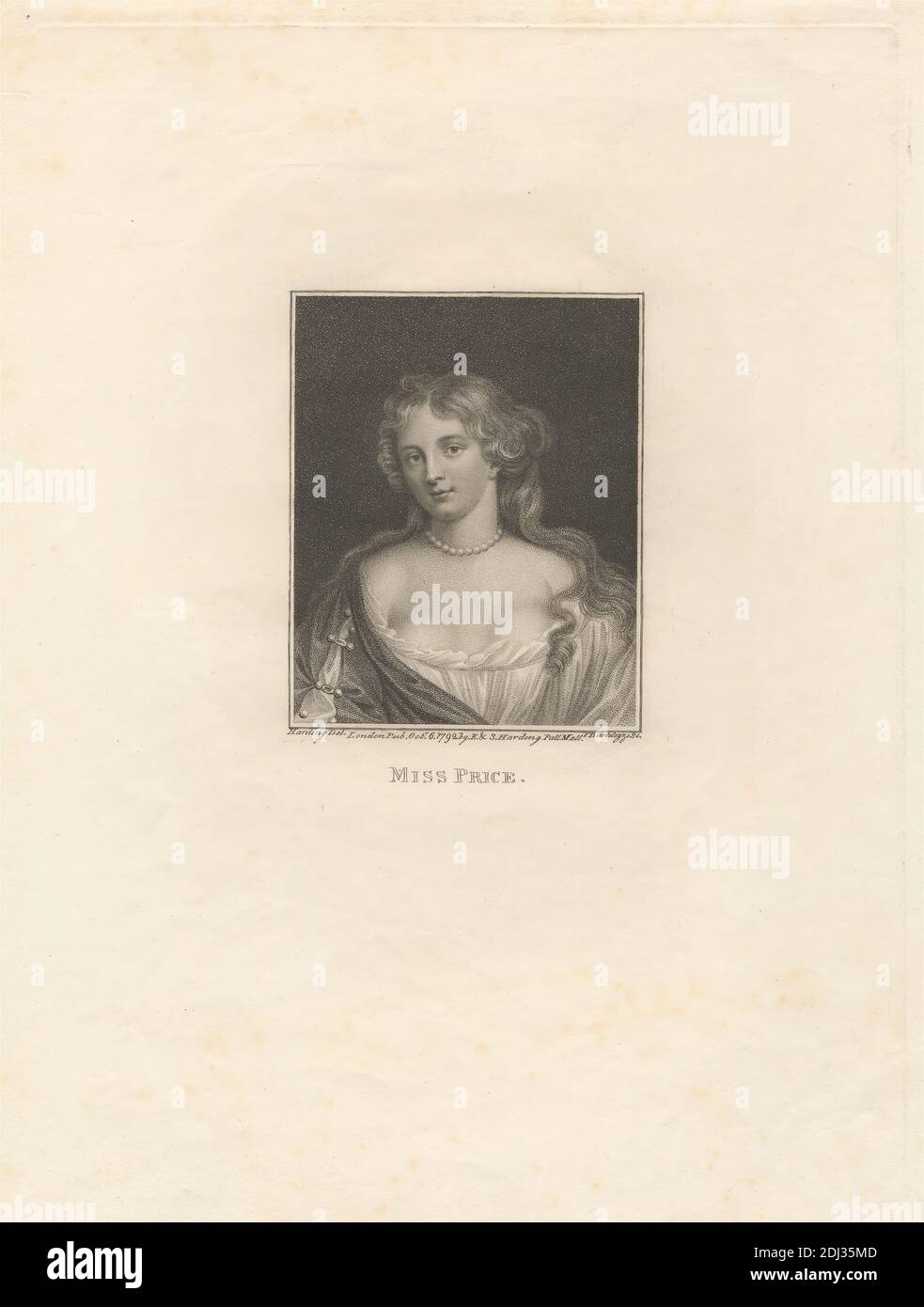 Miss Price, imprimé par Francesco Bartolozzi RA, 1728–1815, italien, actif  en Grande-Bretagne (1764–99), après artiste inconnu, ( Harding ), 1792,  Mezzotint et gravure sur papier vélin moyen, légèrement texturé, feuille:  13 7/16