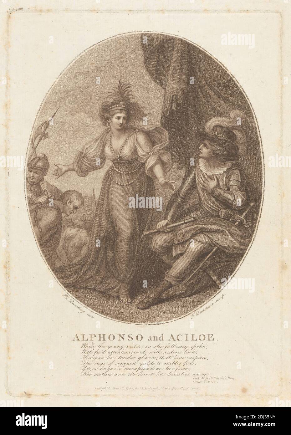 Alphonso et Aciloe, imprimé par Francesco Bartolozzi RA, 1728–1815, italien, actif en Grande-Bretagne (1764–99), d'après Johann Heinrich Ramberg, 1763–1840, allemand, actif en Grande-Bretagne (1781–88), publié par Mary Ryland, 1759–1817, britannique, 1788, gravure et gravure en pointillé sur papier moyennement crème, papier texturé, feuille: 15 3/16 x 11 pouces (38.5 x 27.9 cm), assiette: 10 3/8 x 7 3/8 pouces (26.4 x 18.7 cm), et image: 7 15/16 x 6 9/16 pouces (20.2 x 16.6 cm), brassards, perles, bracelets (bijoux), canto, chaînes, costume, draperies, robe (costume), boucles d'oreilles, plumes, geste, menottes, chapeau Banque D'Images