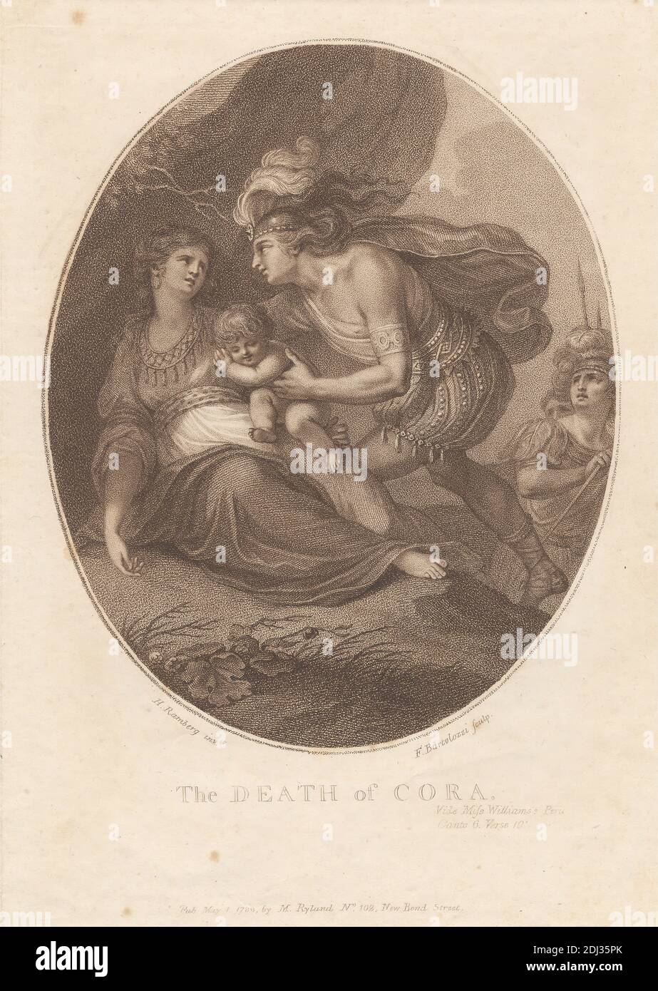 The Death of Cora, imprimé réalisé par Francesco Bartolozzi RA, 1728–1815, italien, actif en Grande-Bretagne (1764–99), d'après Johann Heinrich Ramberg, 1763–1840, allemand, actif en Grande-Bretagne (1781–88), et d'après Helen Maria Williams, 1759–1827, britannique, publié par Mary Ryland, 1759–1817, britannique, 1788, Mezzotint, gravure, Et gravure sur papier crème moyennement texturé, feuille: 13 9/16 x 10 3/16 pouces (34.4 x 25.8 cm), plaque: 10 7/16 x 7 3/8 pouces (26.5 x 18.7 cm), et image: 7 15/16 x 6 7/16 pouces (20.2 x 16.4 cm), armure, garçon, cape, enfant, costume, rideau, mort, drapery, robe Banque D'Images