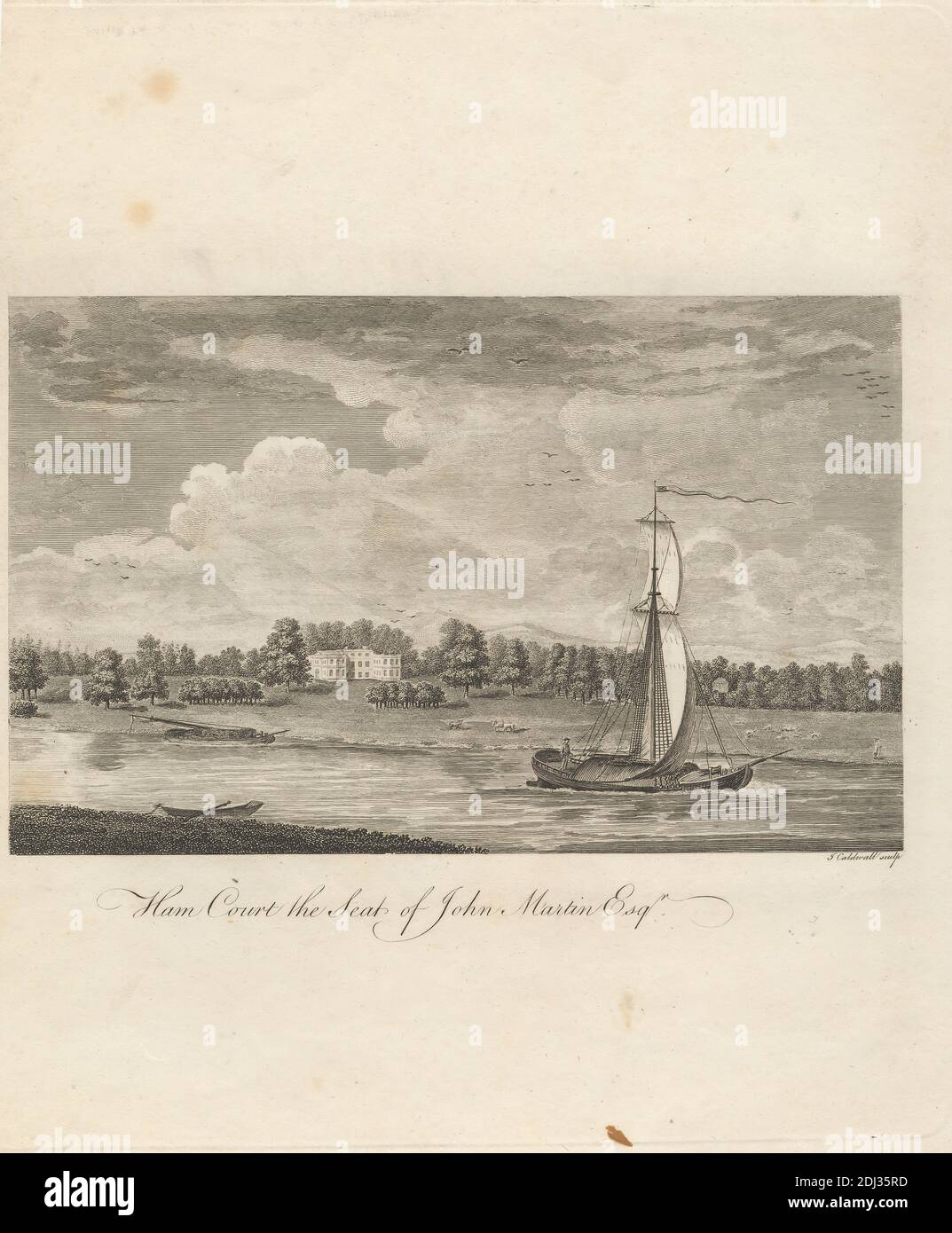 Ham court, The Seat of John Martin, Esq., imprimé par James Caldwall, 1739–1819, British, non daté, gravure et gravure de lignes sur papier à colombe crème, moyen, légèrement texturé, feuille: 11 1/4 x 10 1/4 pouces (28.6 x 26 cm), plaque: 9 5/16 x 20 cm (7 7/8 x 23.7 pouces) et image : 4 9/16 x 7 5/16 pouces (11.6 x 18.5 cm), oiseaux, bateaux, bâtiment, château, nuages, ânes, champ, drapeau, pâturage, maison, paysage, homme, manoir, manoir, art marin, mâts, oars, pâturage, poteaux, punt (bateau), rivière, berges, voiliers, voiles, marins, moutons, berger, arbres, Bampton, Ham court, Angleterre Banque D'Images