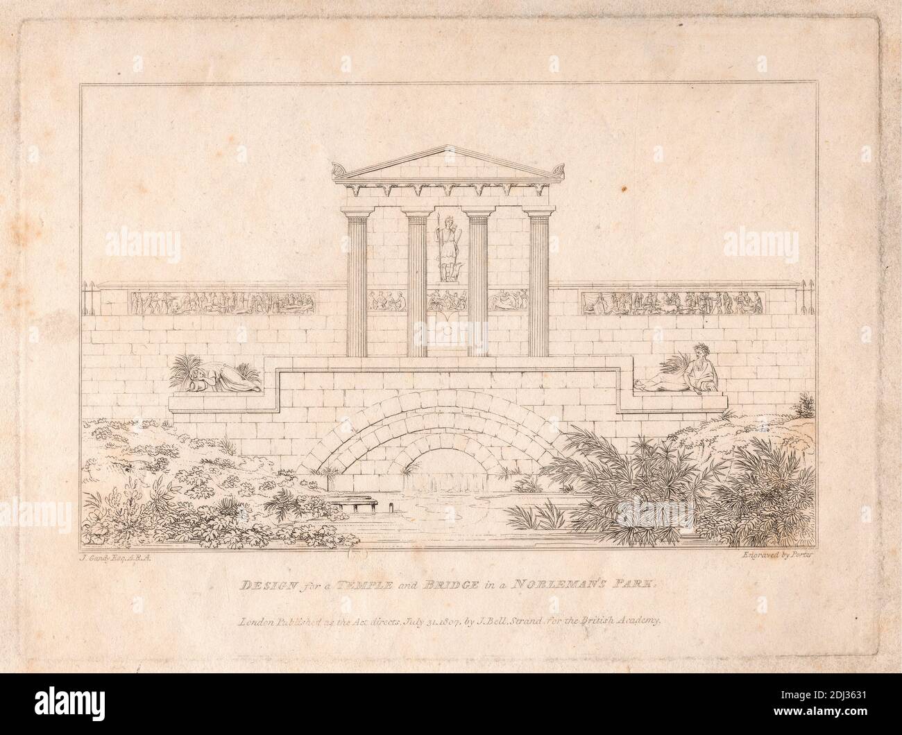 Conception d'un temple et d'un pont dans un parc de nobles, John porter, actif 1838, d'après Joseph Michael Gandy, 1771–1843, Britannique, 1807, gravure, feuille : 10 x 8 po. (25.4 x 20,3 cm Banque D'Images