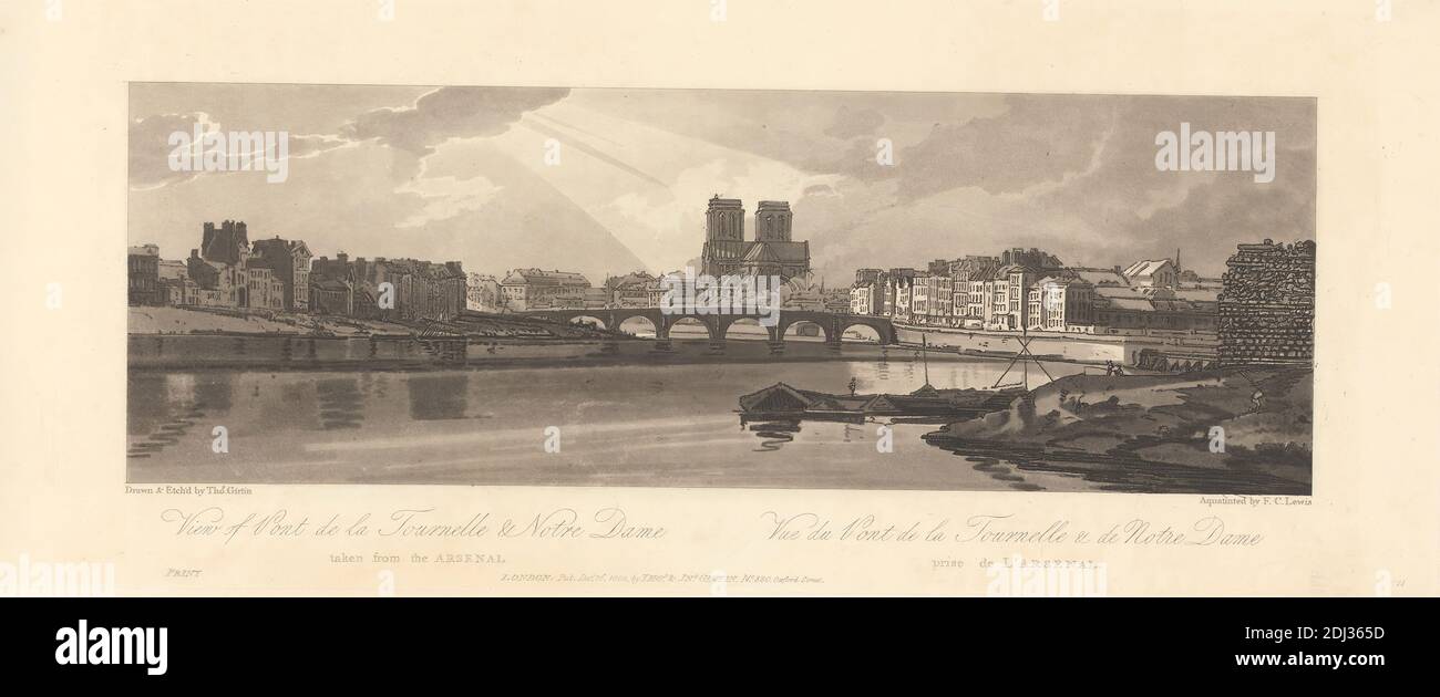 Vue de Pont de la Tournelle et de notre Dame prise de l'Arsenal, Thomas Girtin, 1775–1802, britannique, Frederick Christian Lewis l'ancien, 1779–1856, britannique, après Thomas Girtin, 1775–1802, britannique, 1802, Aquatint, bassin de l'Arsenal, Cathédrale notre-Dame de Paris, Europe, France, Paris, Pont de la Seine, ville de la Tournelle, Paris, Paris Département de, Île-de-France Banque D'Images