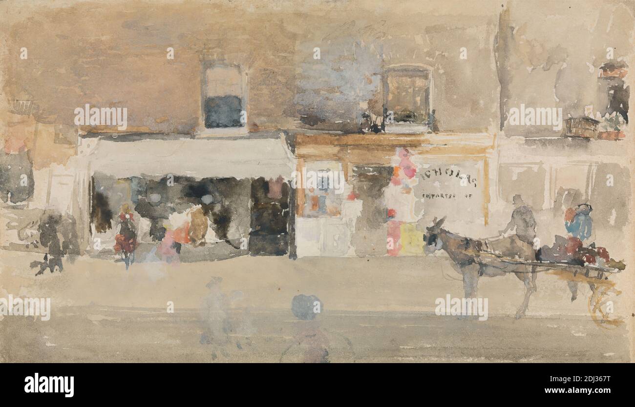 Scène de rue à Chelsea, représentant probablement le tabacconist, J. W. Nicholas, situé au no 75, Cheyne Walk, James McNeill Whistler, 1834–1903, américain, actif en Grande-Bretagne (à partir de 1859), ca. 1888, aquarelle sur papier vélin moyen, légèrement texturé, crème monté sur carte, feuille: 5 1/4 × 8 7/8 pouces (13.3 × 22.5 cm) et cadre: 15 1/4 × 20 1/4 × 1 pouces (38.7 × 51.4 × 2.5 cm), chariot, paysage urbain, cheval (animal), rue, magasin de tabac Banque D'Images