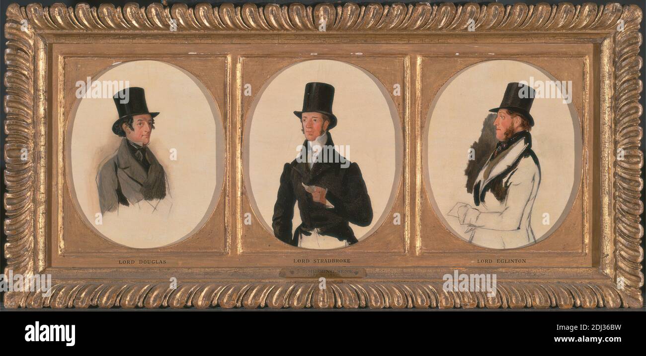 Études pour les portraits de Lord Eglinton, Lord Douglas et Lord Stradbroke dans la « réunion de cours de la coupe Waterloo » (dans la Galerie d'art Walker), 1840, Richard Ansdell, 1815–1885, British, anciennement John Frederick Herring, 1795–1865, British, avant 1841, Oil on Millboard, dans l'ensemble : 5 1/8 x 4 1/8 pouces (13 x 10.5 cm), aristocrates, costume, cadre (ameublement), seigneurs, hommes, nobles, ovale, portrait, étude (travail visuel), triptyque, victorien Banque D'Images