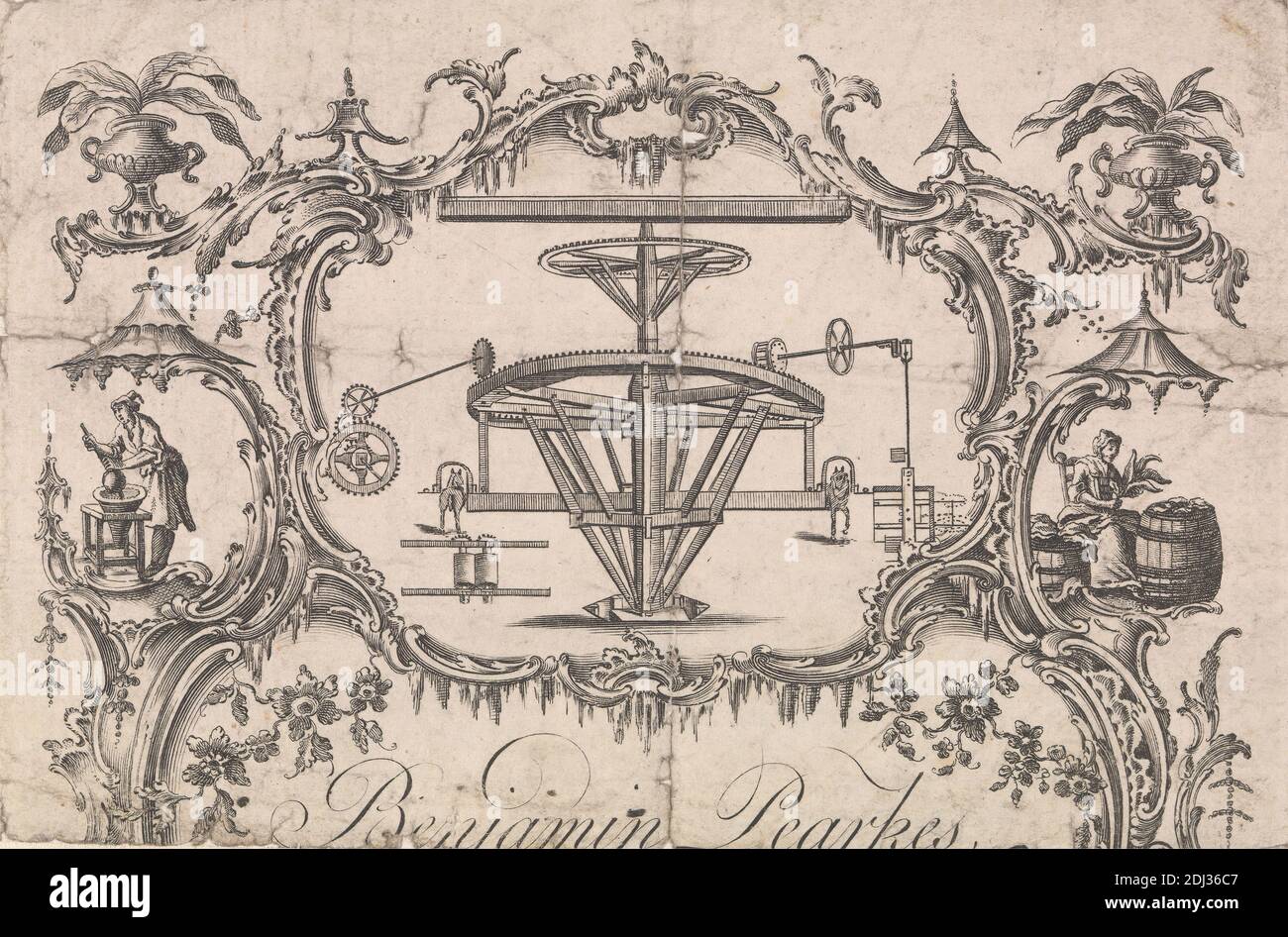Carte de commerce pour Benjamin Pearkes, fabricant de machines, artiste inconnu, dix-huitième siècle, ca. 1770 Banque D'Images