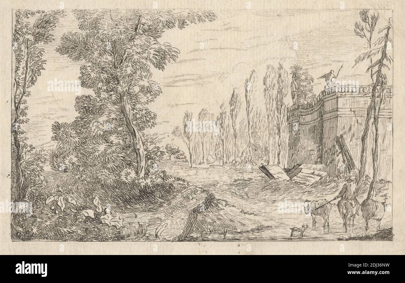 Horseman Fording a Stream with Cattle, imprimé par Jean B. C. Chatelain, 1710–1771, français, publié par John Rocque, 1704?–1762, français, active en Grande-Bretagne, 1737, Etching sur papier légèrement épais, légèrement texturé, beige, feuille: 5 13/16 x 8 13/16 pouces (14.8 x 22.4 cm), plaque: 4 5/16 x 6 11/16 pouces (10.9 x 17 cm), et image: 3 13/16 x 6 1/4 pouces (9.7 x 15.8 cm), bâtiment, buissons, bétail, croisement, chien (animal), fording, genre sujet, herding, cheval (animal), travail, hommes, roseaux, rivière, bâton, ruisseau, arbres, mur, travail Banque D'Images