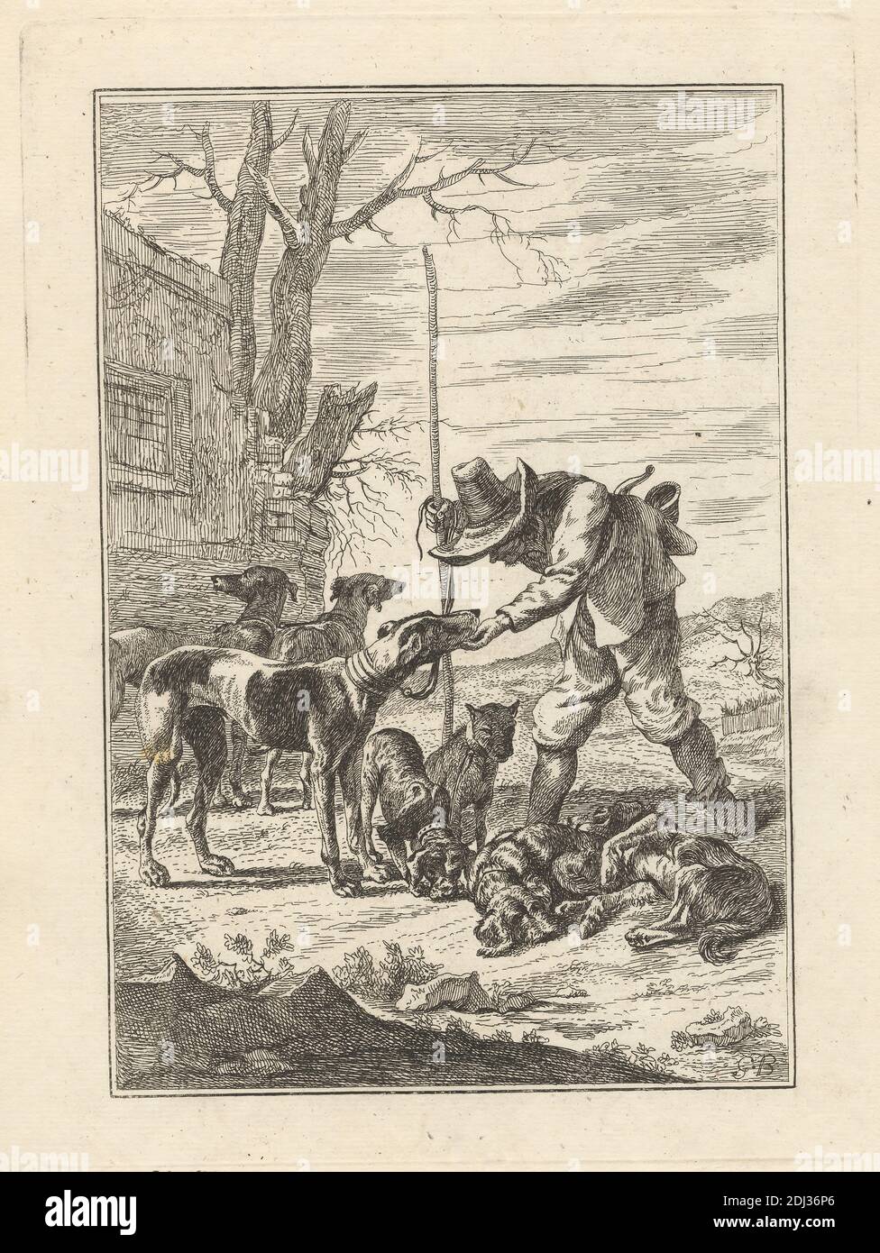Seven and a man, a PL. For 'A New Drawing Book...of beasts in Various actions' (1 de 9), Print Made by George Bickham, 1683/4–1758, British, After unknown Artist, Published by Henry Overton, 1675/6–1751, British, Undate, Etching on medium, Smooth, Cream, Cream pods, Sheet: 11 7/8 x 7 3/8 pouces (30.2 x 18.7 cm), plaque : 8 1/2 x 6 1/8 pouces (21.6 x 15.6 cm) et image : 7 3/8 x 4 15/16 pouces (18.7 x 12.6 cm), art des animaux, boxeurs (race), bâtiment, nuages, chiens (animaux), genre sujet, lévriers (race), corne, maison, homme, paysan, repos, égratignures, spannels (race), personnel, Terriers (chiens Banque D'Images