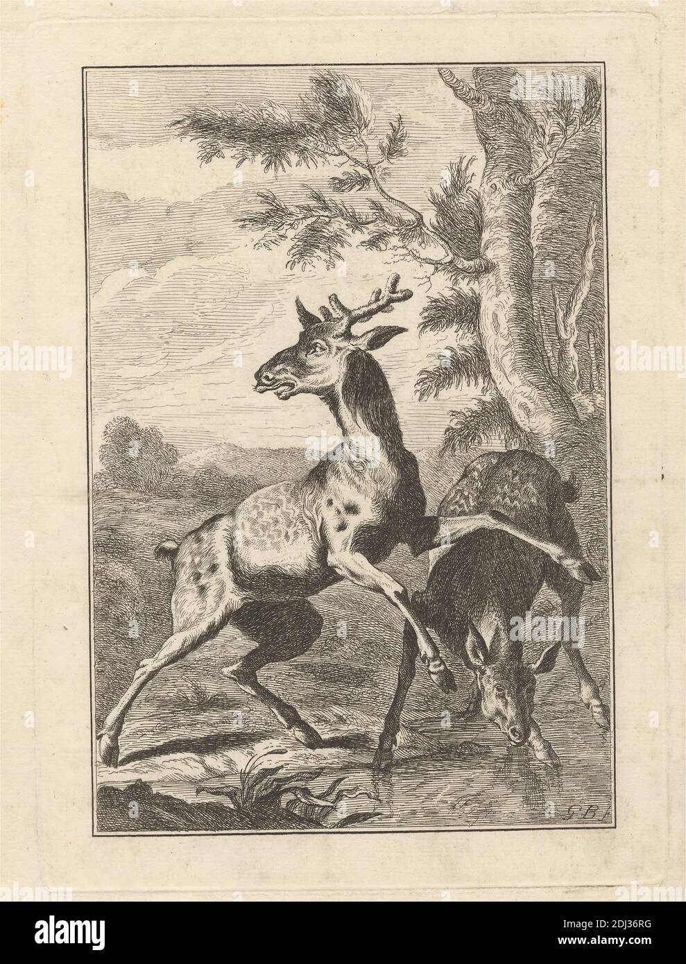 Two Deer, un PL. For 'A New Drawing Book...of beasts in Various actions' (1 de 9), Print Made by George Bickham, 1683/4–1758, British, After unknown Artist, Published by Henry Overton, 1675/6–1751, British, Undate, Etching on medium, Smooth, crème poed paper, Sheet: 11 5/16 x 7 5/16 pouces (28.8 x 18.6 cm), plaque: 8 7/16 x 6 1/8 pouces (21.5 x 15.5 cm), et image: 7 3/8 x 5 pouces (18.8 x 12.7 cm), art animal, buck, nuages, cerf, doe, peur, forêt, collines, plantes, étang, arbres Banque D'Images