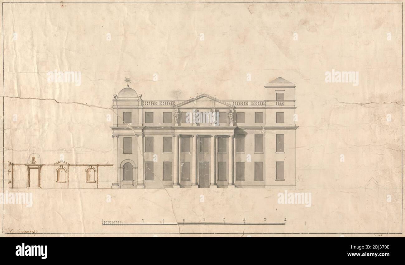 Langley Park, Norfolk: Elevation, John Sanderson, actif 1730–mort 1774, Britannique, 1757, stylo et encre noire, brune et grise avec lavage gris et graphite sur papier à barres crème moyenne, légèrement texturé échelle de 1/8 pouces à 1 pied, feuille : 11 5/16 x 18 3/16 pouces (28.7 x 46.2 cm), sujet architectural, colonnes (éléments architecturaux), élévations (dessins), maison, ordre ionique, Palladien, plans (dessins), statues, tourelles (tours), fenêtres, Angleterre, Europe, Loddon, Norfolk, Royaume-Uni Banque D'Images