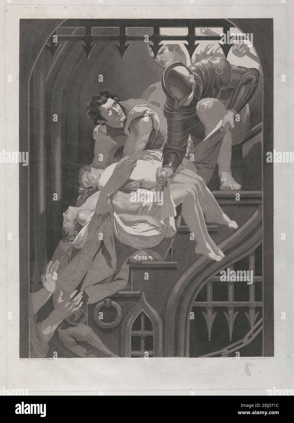 Richard III: Act IV, scène III, Tour de Londres, imprimé par William Skelton, 1763–1848, British, d'après James Northcote, 1746–1831, British, 1795, gravure de gravure et de gravure sur papier moyen, légèrement texturé, crème, feuille: 29 3/8 × 20 1/8 pouces (74.6 × 51.1 cm), plaque: 22 3/8 × 16 1/4 pouces (56.8 × 41.3 cm), et image: 19 3/4 × 14 7/8 pouces (50.2 × 37.8 cm), armure, enterrement, enfants, morts, mort, porte, thème littéraire, Richard III, pièce de William Shakespeare, escaliers, Tour de Londres Banque D'Images