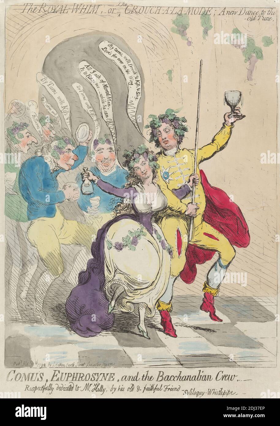 Le Royal Whim, ou le Crouch-a-la mode: Une nouvelle danse à l'ancienne Tune. COMUS, Euphrosyne et l'équipage Bacchanalien. ---dédié à M. Kelly, par Soliloquy Whistlepipe., James Gillray, 1757–1815, British, 1792, décapage, couleur main, feuille : 12 1/2 x 9 3/8in. (31.8 x 23,8 cm Banque D'Images