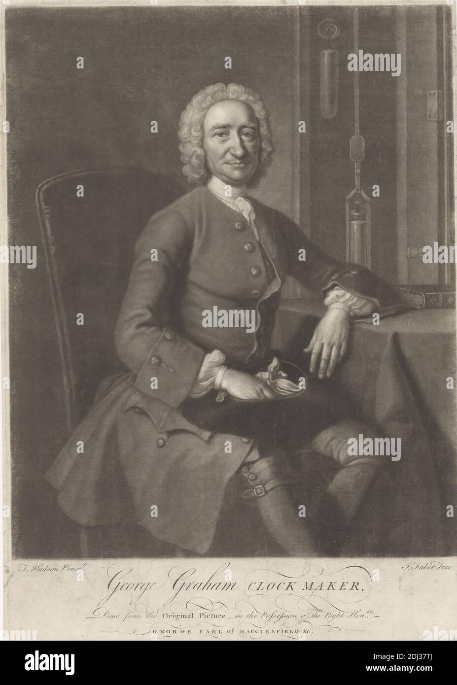 George Graham, Clockmaker, John Faber le plus jeune, ca. 1695–1756, Netherlandish, actif en Grande-Bretagne, après Thomas Hudson, 1701–1779, British, non daté, Mezzotint sur du papier crème modérément épais, modérément texturé, collé sur du papier asiatique gris-bleu modérément épais, modérément texturé, feuille: 14 1/4 x 10 3/16 pouces (36.2 x 25.8 cm), plaque: 13 15/16 x 9 7/8 pouces (35.4 x 25.1 cm), et image: 12 1/8 x 9 13/16 pouces (30.8 x 24.9 cm), livre, culottes (pantalons), chaise, horloge, horloger, cravat, manteau de grenouille, gants, chapeau, homme, pendule, portrait, sourire, table, perruque Banque D'Images