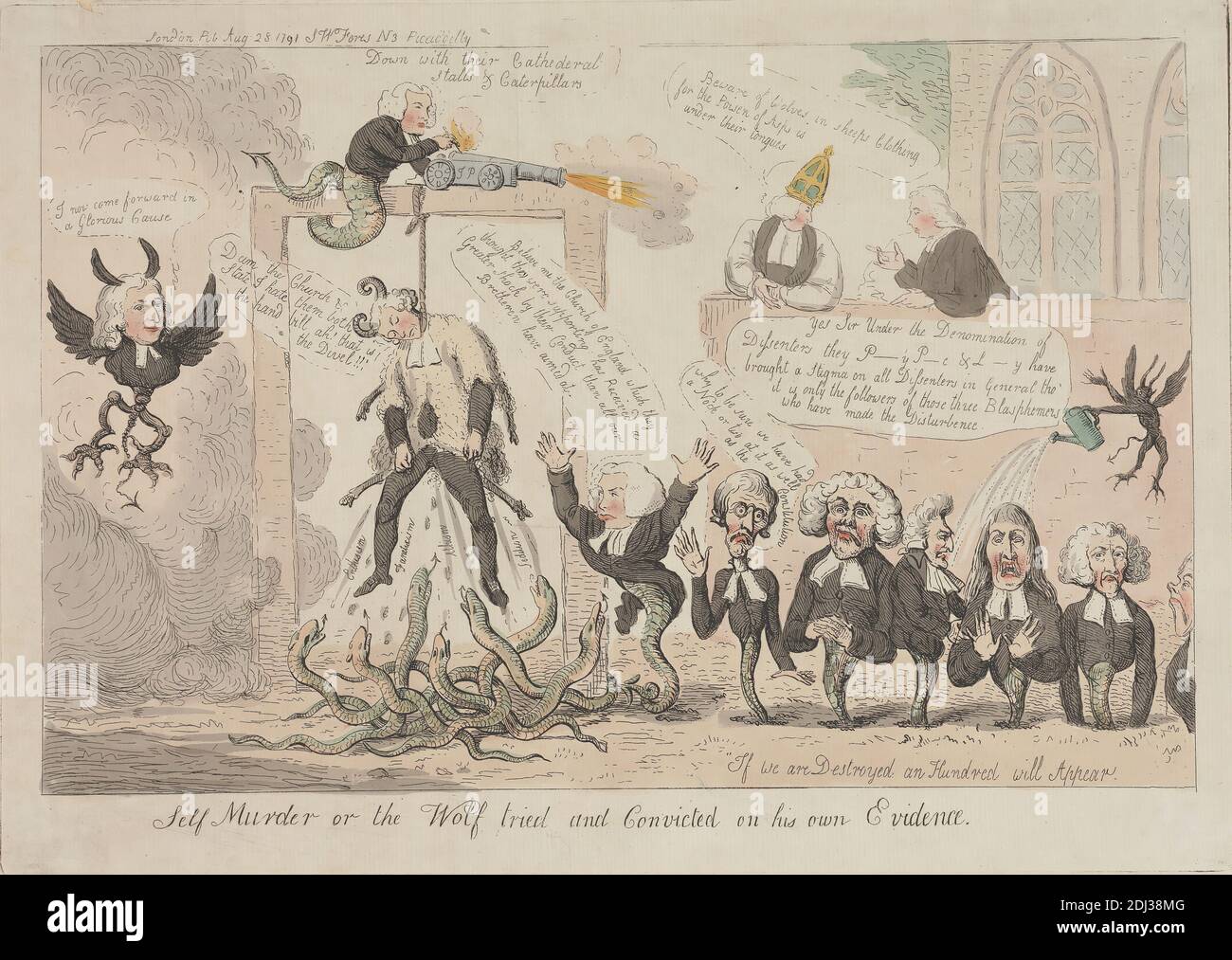 Auto-meurtre ou le loup jugé et reconnu coupable sur sa propre preuve, Isaac Cruikshank, 1756–1810, britannique, 1791, Etching, couleur main, feuille : 8 x 13 7/16po. (20.3 x 34,1 cm Banque D'Images