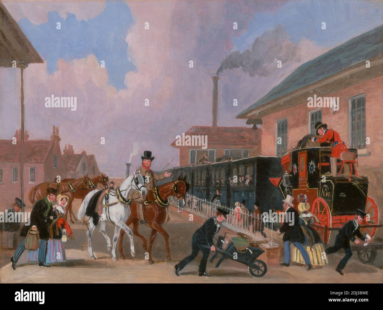 The Louth-London Royal Mail voyageant en train de Peterborough East, Northamptonshire, James Pollard, 1792–1867, British, 1845, huile sur toile, support (PTG): 9 1/4 x 12 1/8 pouces (23.5 x 30.8 cm), costume, genre sujet, chevaux (animaux), industrie, bagages, chemin de fer, piste, train, transport, Voyage, travailleurs, Angleterre, Europe, Northamptonshire, Peterborough, Royaume-Uni Banque D'Images