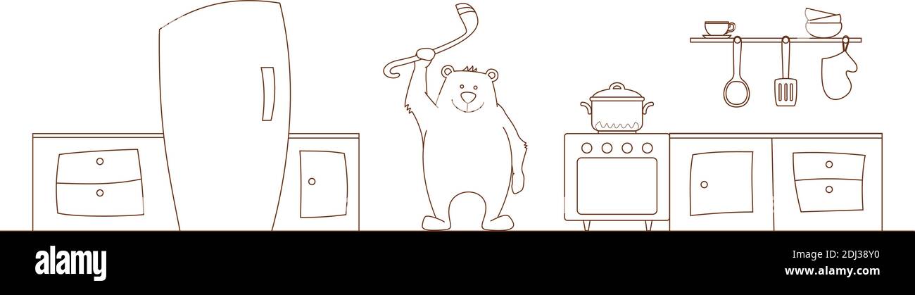 Illustration à colorier. L'ours prépare de la soupe dans la cuisine Illustration de Vecteur