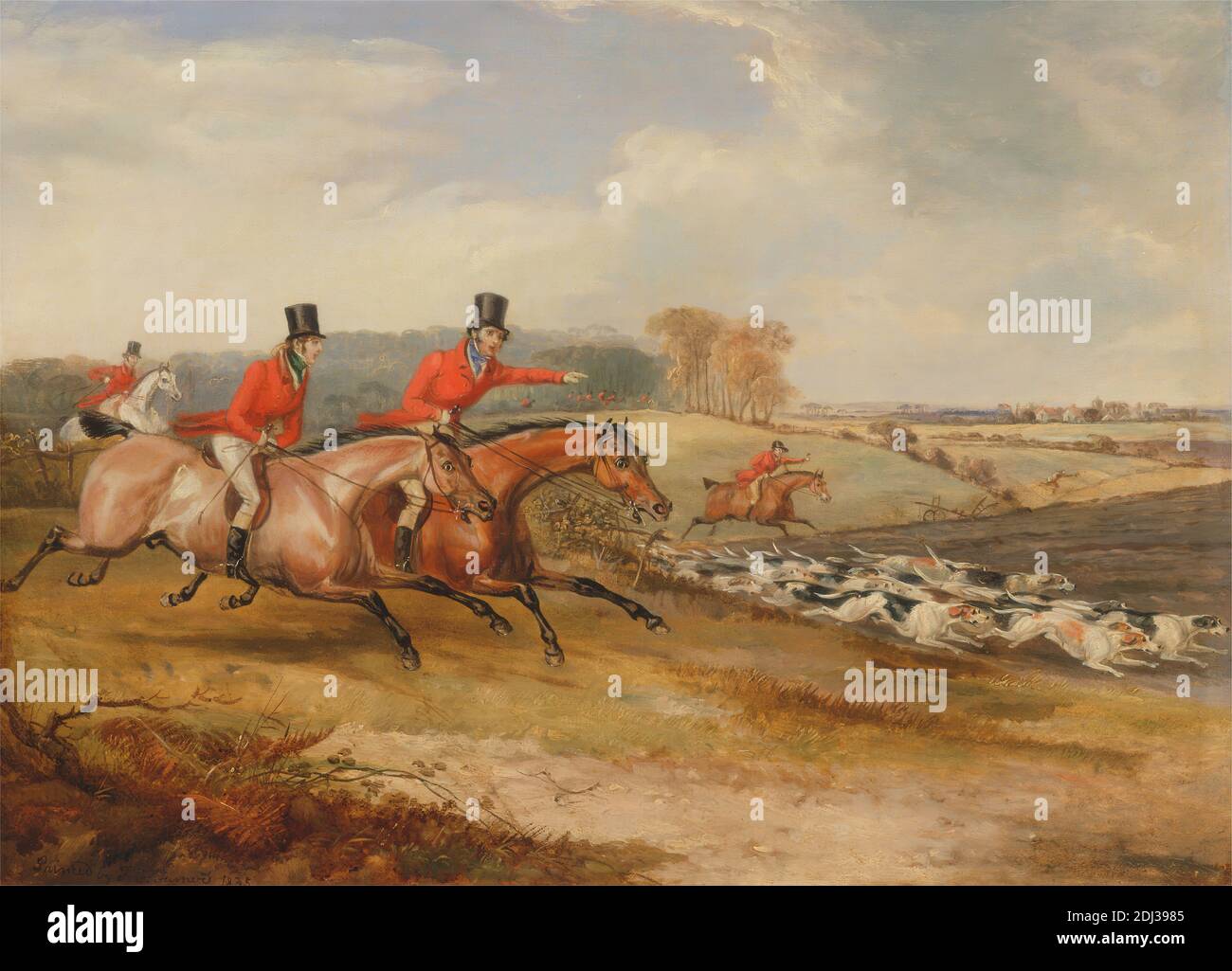 Bachelor's Hall: Full Cry, Francis Calcraft Turner, active 1782–1846, British, 1835 à 1836, huile sur toile, support (PTG): 14 x 19 pouces (35.6 x 48.3 cm), animaux, chasse, champs, chevaux (animaux), chiens, chasse, chasseur, chasse, paysage, chiens, riders, cheval, rural, art sportif, chapeau de sport Banque D'Images