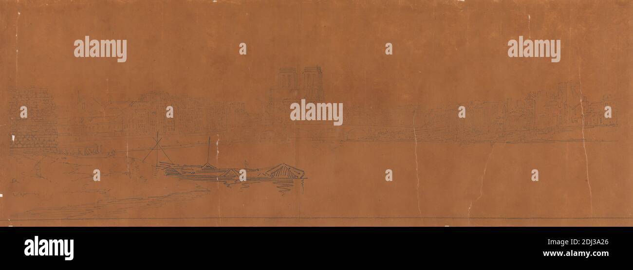 Vue de Pont de la Tournelle et de notre Dame, prise de l'Arsenal, Thomas Girtin, 1775–1802, Britannique, 1802, traçage de graphite sur papier ponté, bassin de l'Arsenal, Cathédrale notre-Dame de Paris, Europe, France, Paris, Pont de la Tournelle, Seine, ville de Paris, Département de, Île-de-France Banque D'Images