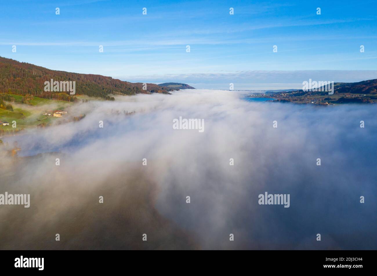 Brouillard matinal à Irrsee, temps d'inversion, photo de drone, photo aérienne, Zell am moss, Mondseeland, Salzkammergut, haute-Autriche, Autriche Banque D'Images