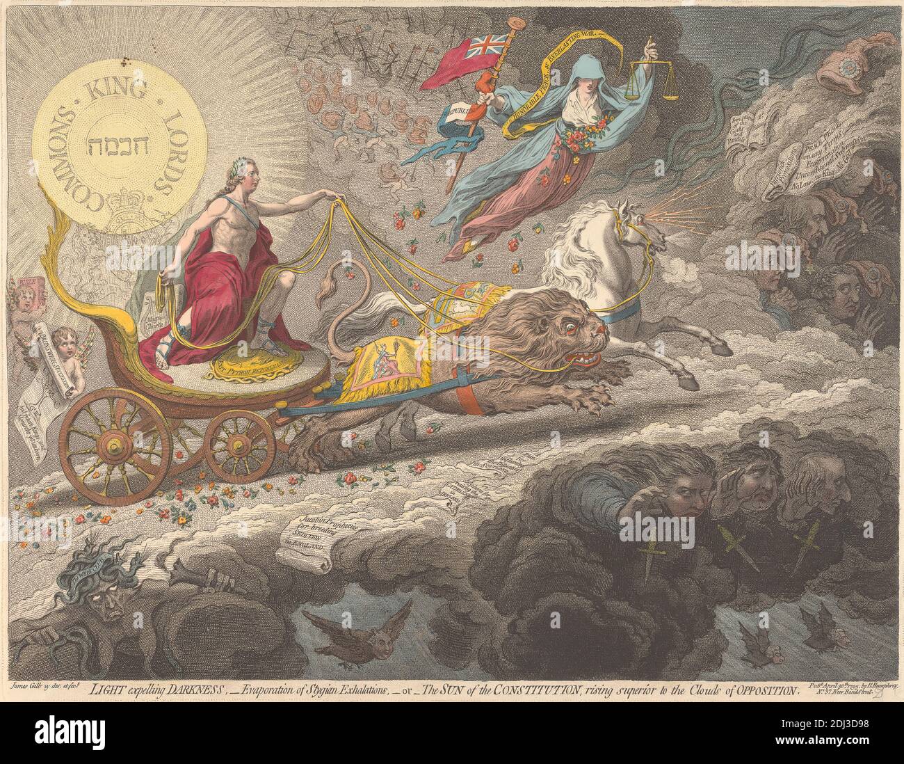 La lumière expulse les ténèbres, - l'évaporation des exhalations stygiennes, - ou - le Soleil de la Constitution, la montée supérieure aux nuages de l'opposition, James Gillray, 1757–1815, British, 1795, Etching, couleur main, feuille: 13 1/8 x 17 3/8in. (33.3 x 44,1 cm Banque D'Images