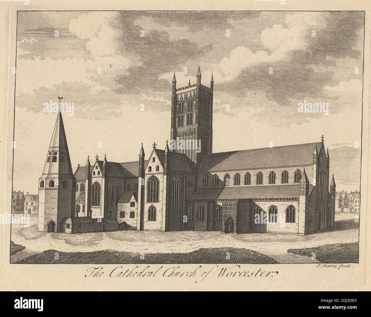 The Cathedral Church of Worcester, John Harris, 1811–1865, British, After unknown Artist, Undated, Etching on Medium, modérément textured, beige posd paper, Sheet: 8 1/4 x 12 9/16 pouces (20.9 x 31.9 cm), plate: 5 13/16 x 7 5/8 pouces (14.8 x 19.3 cm), et image: 5 5/16 x 7 5/16 pouces (13.5 x 18.5 cm), sujet architectural, bâtiment, cathédrale, chrétien, christianisme, église, croix (motifs), vert, religieux, flèches, vitraux, tours (divisions de bâtiment), Angleterre, Europe, Hereford et Worcester, Royaume-Uni, Worcester Banque D'Images