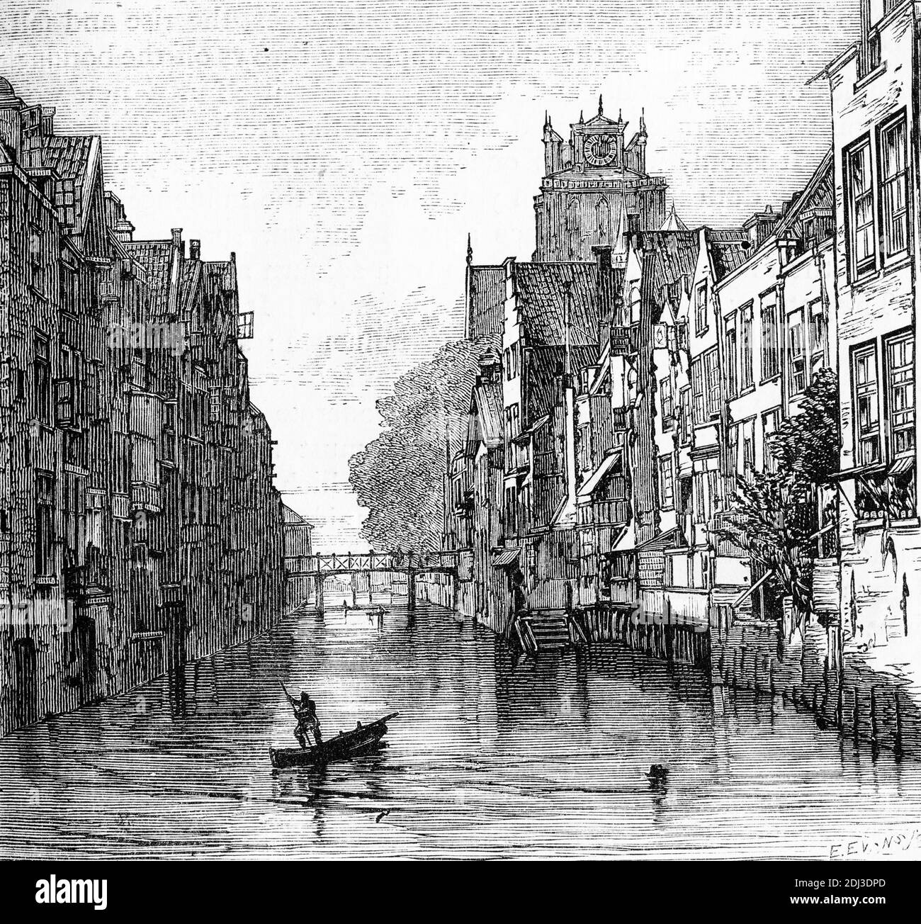 Gravure d'un canal dans la ville de Dordescht, historiquement connu en anglais sous le nom de Dordt ou Dort, une ville et une municipalité dans l'ouest des pays-Bas, situé dans la province de la Hollande du Sud. Banque D'Images
