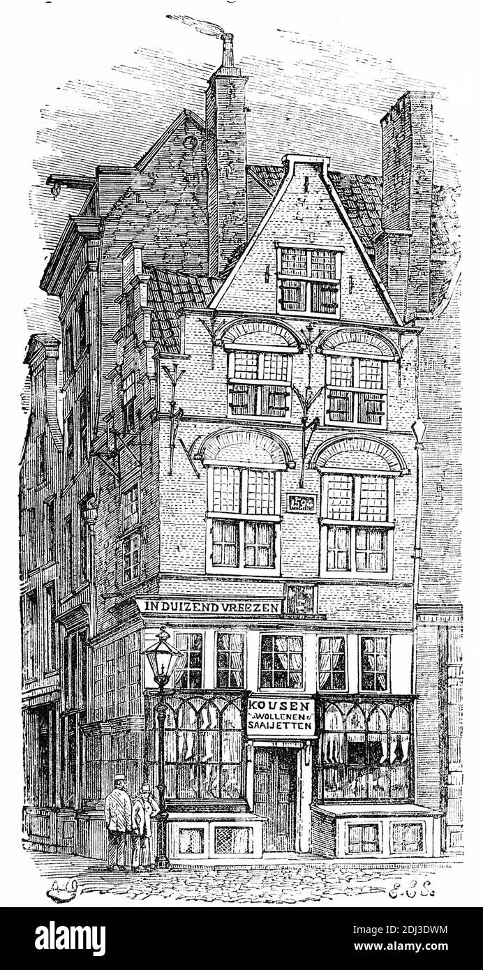 Gravure de la Maison de mille terreurs à Rotterdam, où un millier de résidents de la ville se cachaient lors d'un ordre de raid par Philippe II d'Espagne en 1873. L'un des hommes de la maison a tué un agneau et a versé le sang sous la porte d'entrée, ce qui a convaincu les soldats que ses habitants avaient déjà été abattus et a sauvé les gens à l'intérieur. Banque D'Images