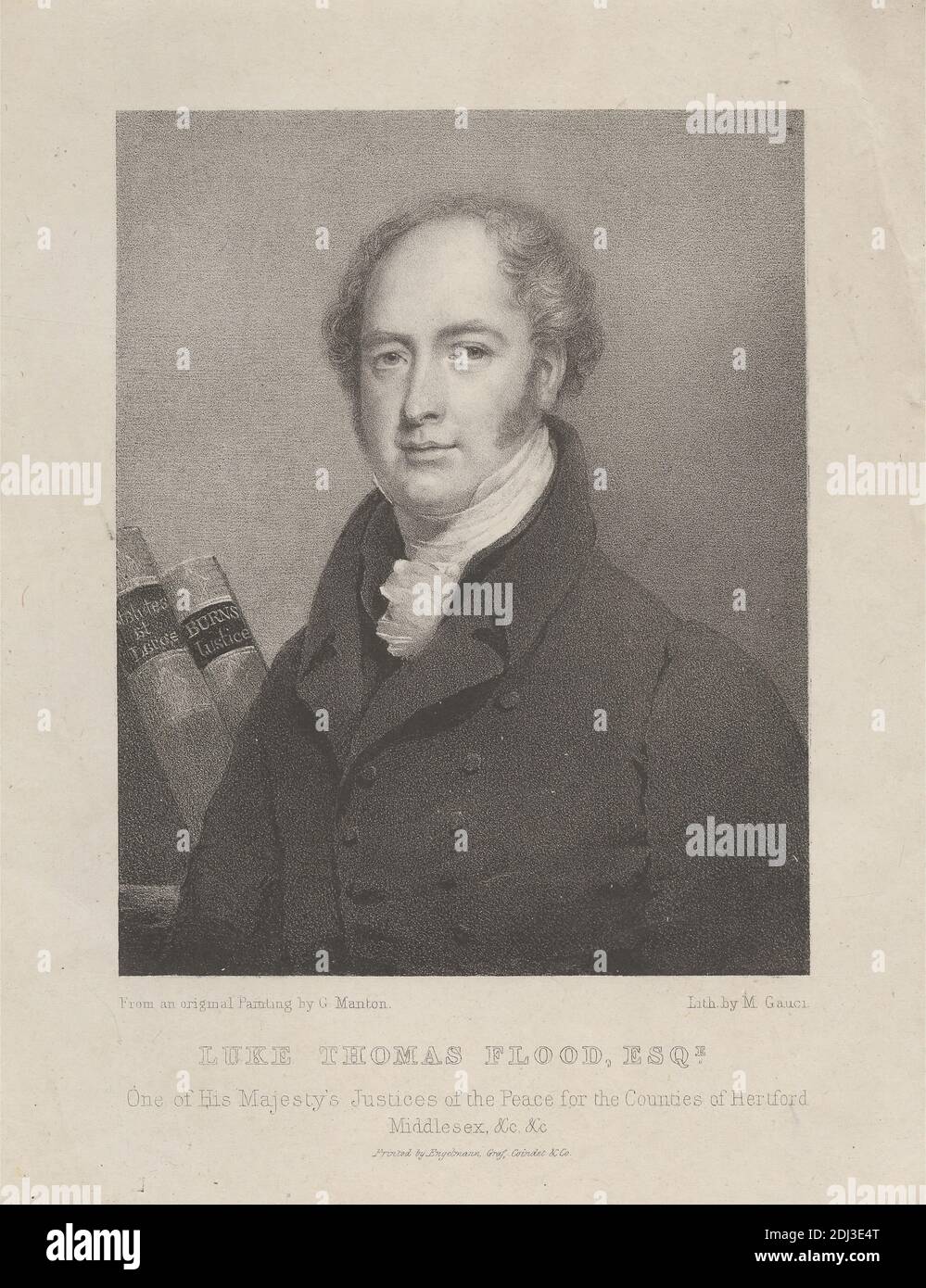 Luke Thomas Flood, juge de paix, M. Gauci, 1810–1846, d'après un artiste inconnu, (G. Manton), publié par Godefroy Engelmann, 1788–1839, français, non daté, lithographie sur papier vélin crème modérément épais, légèrement texturé, avec colé gris, feuille: 12 x 9 7/16 pouces (30.5 x 24 cm), feuille: 8 7/16 x 6 1/2 pouces (21.4 x 16.5 cm), et image: 6 x 4 13/16 pouces (15.3 x 12.2 cm), livres, collier, cravat, regard, gouvernement, juge, justice de la paix, avocat, homme, portrait, pose, solennel, réfléchi Banque D'Images