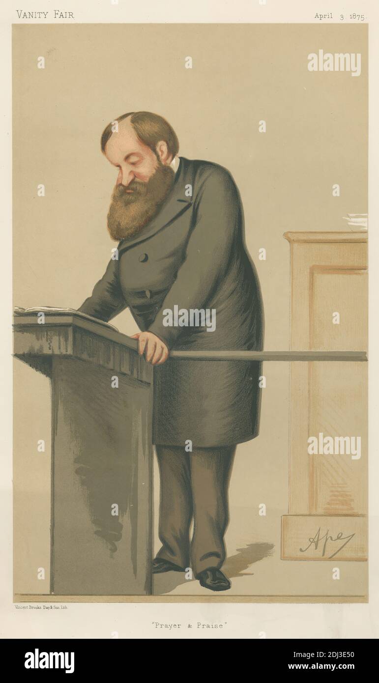 Vanity Fair: Musiciens; "prière et louange", M. D. L. Moody, 3 avril 1875, Carlo Pellegrini, 1839–1889, Italien, 1875, Chromolithographe Banque D'Images