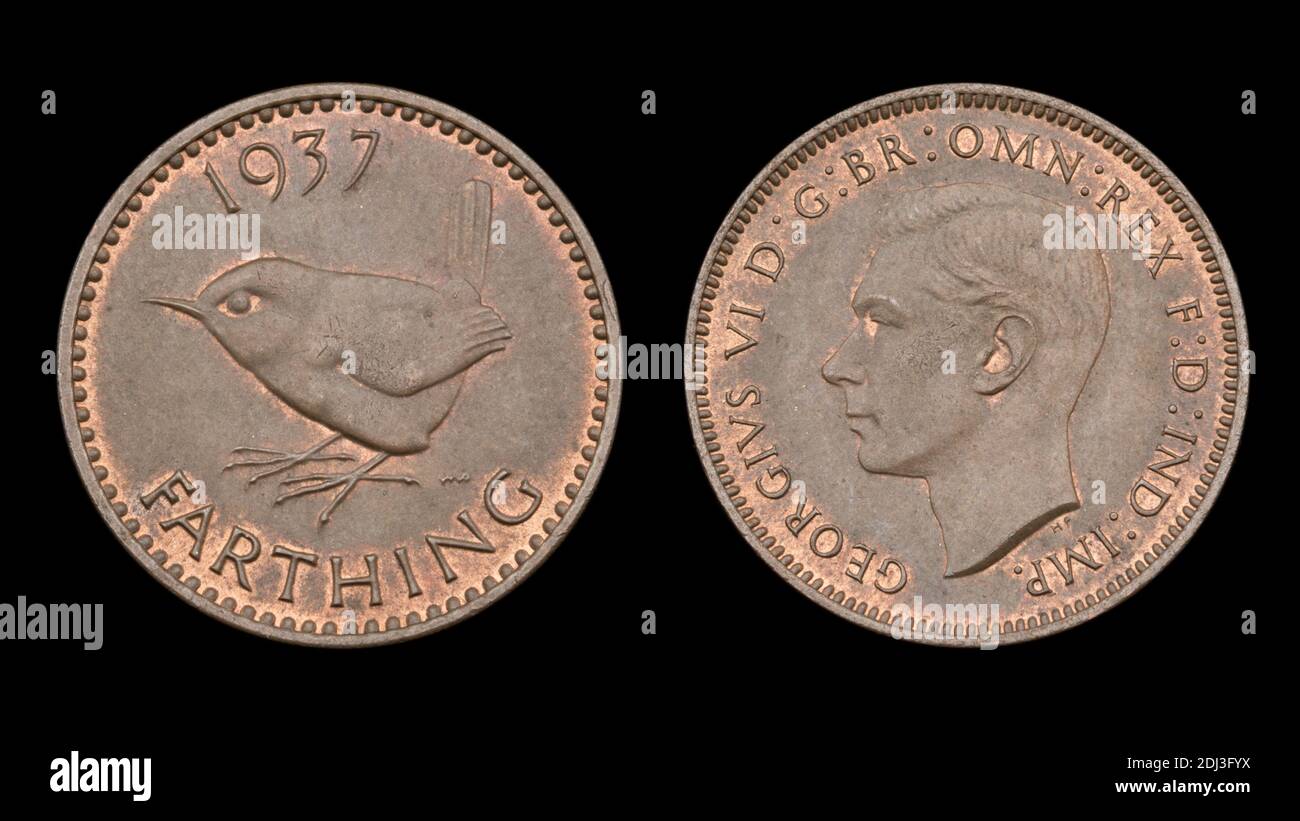 British farthing coin 1937 montrant l'inverse et l'inverse sur un arrière-plan noir Banque D'Images