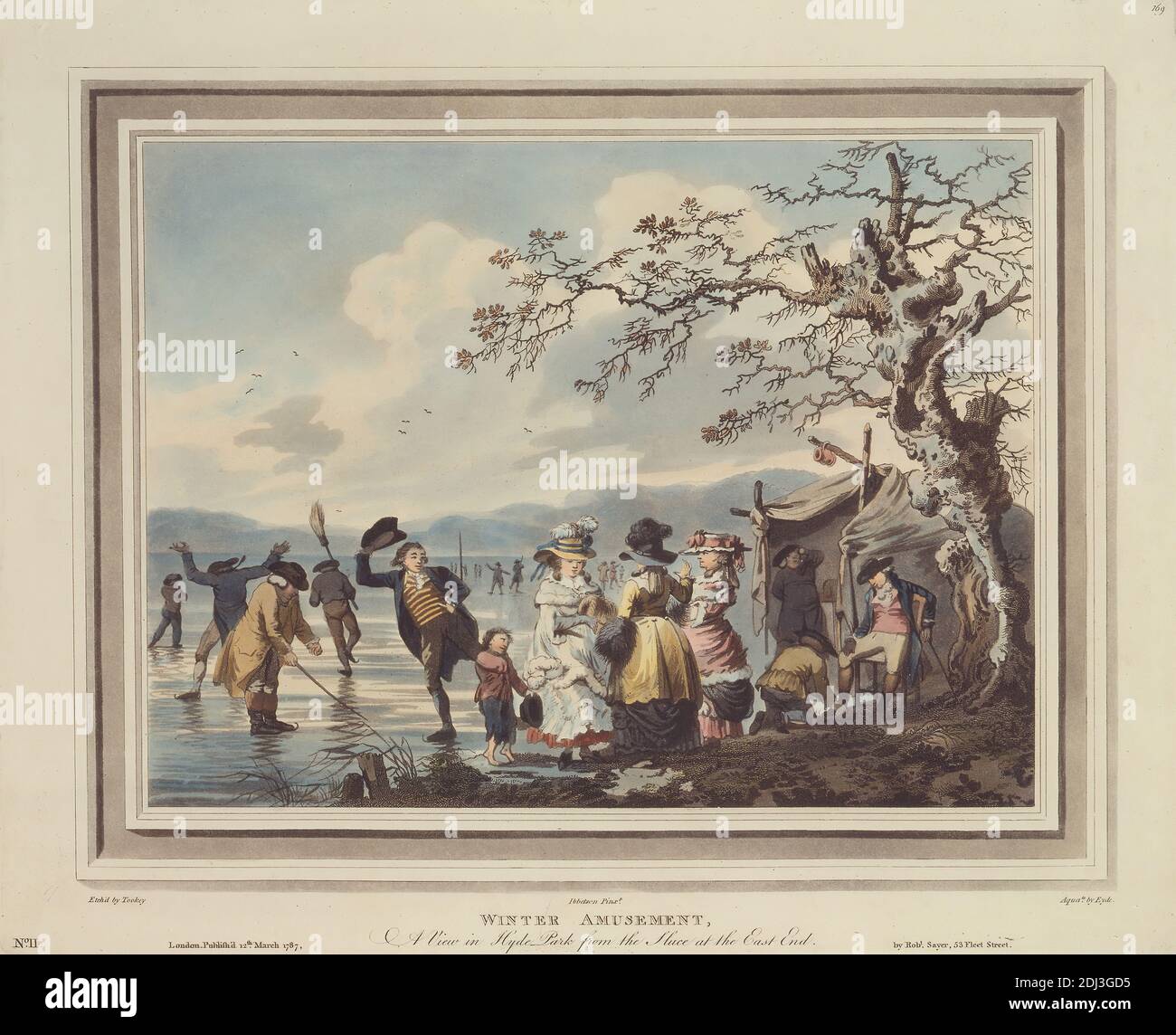 Amusement d'hiver: Une vue à Hyde Park de la Sluice à l'est, imprimé par James Tookey, active 1787–1805, Aquatined par John William Edye, 1760–1802, Danois, d'après Julius Caesar Ibbetson, 1759–1817, British, 1787, Aquatint, imprimé en couleur et coloré à la main, feuille: 12 3/8 x 15 3/8in. (31.4 x 39,1 cm), mendiant, enfant, costume, mode, fourrure, genre sujet, chapeaux, patinage sur glace, loisir, neige, hiver, Angleterre, Hyde Park, Londres, Royaume-Uni Banque D'Images