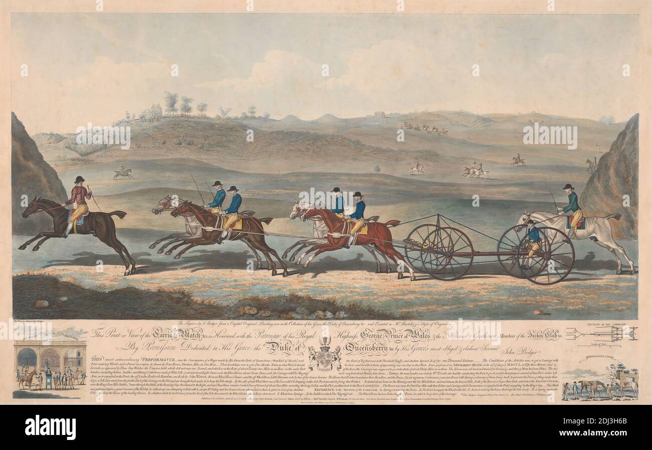 Match de calèche : cet imprimé ou vue du match de calèche &c. est honoré par le patronage de son Altesse Royale George Prince de Galles et des nobles et messieurs membres du Jockey Club &c. ..., John Bodger, Active 1770–1821, d'après James Seymour, 1702–1752, British, 1789, Aquatint, couleur main, feuille: 13 1/4 x 27 3/8in. (33.7 x 69.5cm Banque D'Images