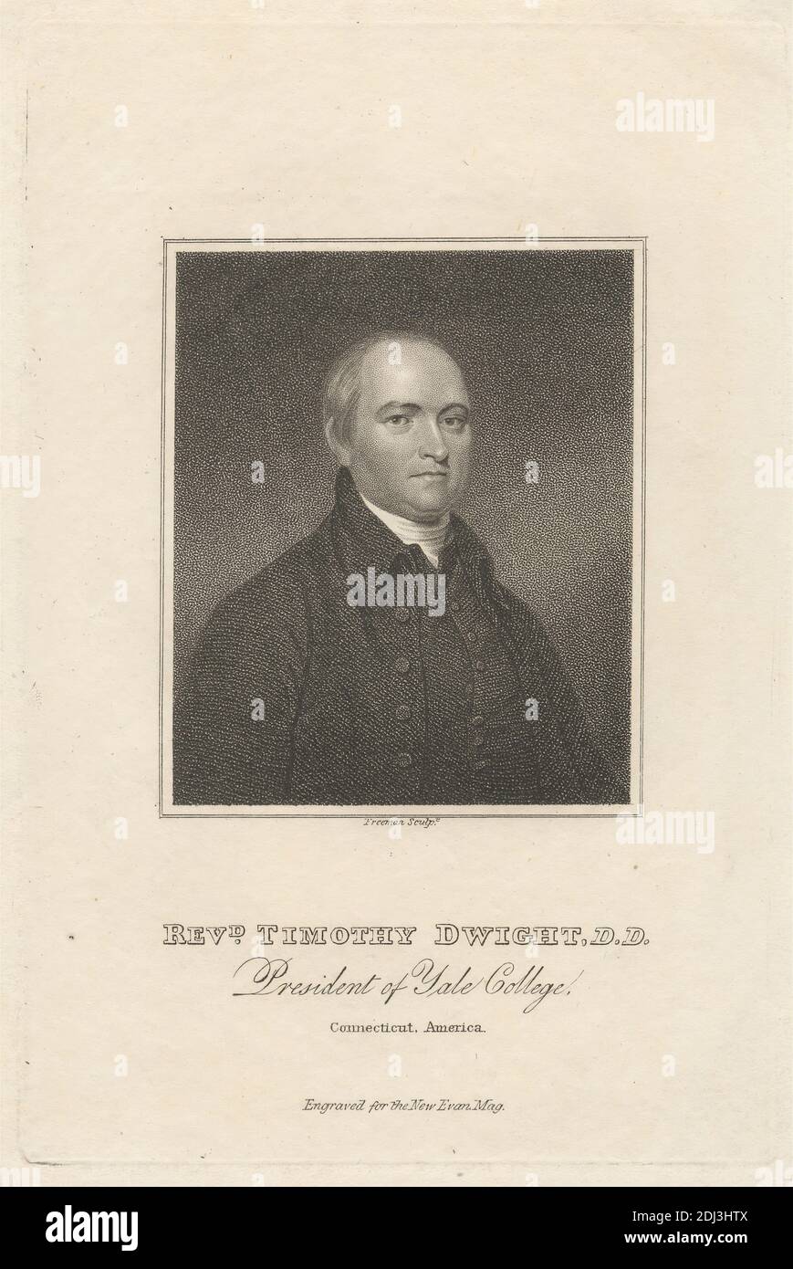 Reverend Timothy Dwight, D.D., président du Yale College, imprimé par Samuel Freeman, 1773–1857, Britannique, après artiste inconnu, non daté, gravure et gravure en créplet sur papier vélin moyen, légèrement texturé, crème, feuille: 8 5/16 x 5 1/4 pouces (21.1 x 13.3 cm), plaque: 6 9/16 x 4 3/8 pouces (16.7 x 11.1 cm), et image : 3 3/8 x 2 13/16 pouces (8.5 x 7.2 cm), buste, cravat, homme, portrait, pose, président, révérend, solennel, gilet, Yale College Banque D'Images