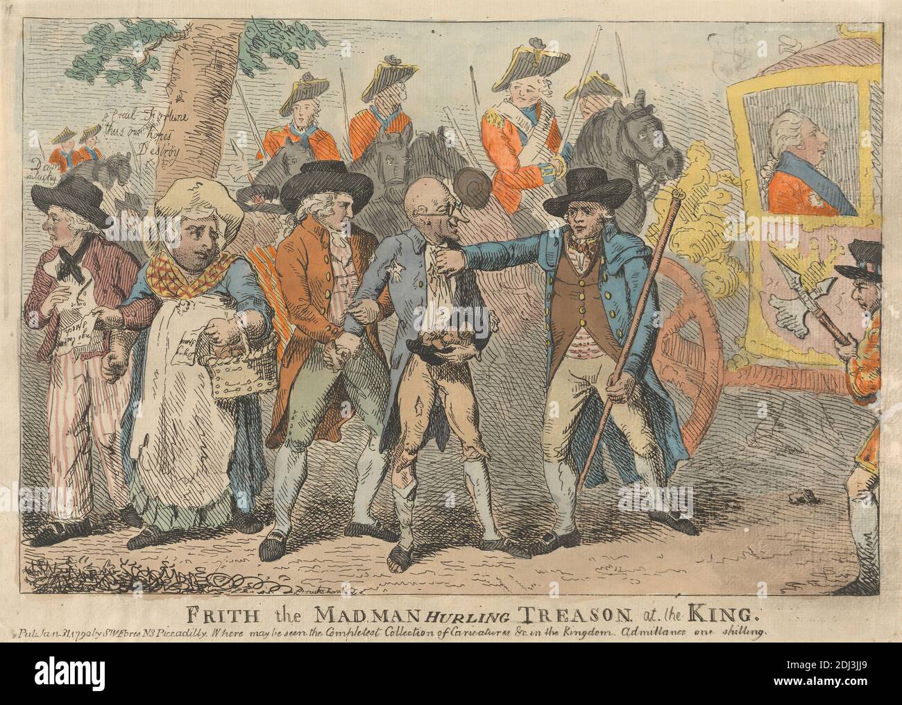Frith le fou Hurling trahison au roi, Isaac Cruikshank, 1756–1810, britannique, 1790, Etching, couleur main, feuille : 8 1/2 x 13 po. (21.6 x 33cm Banque D'Images