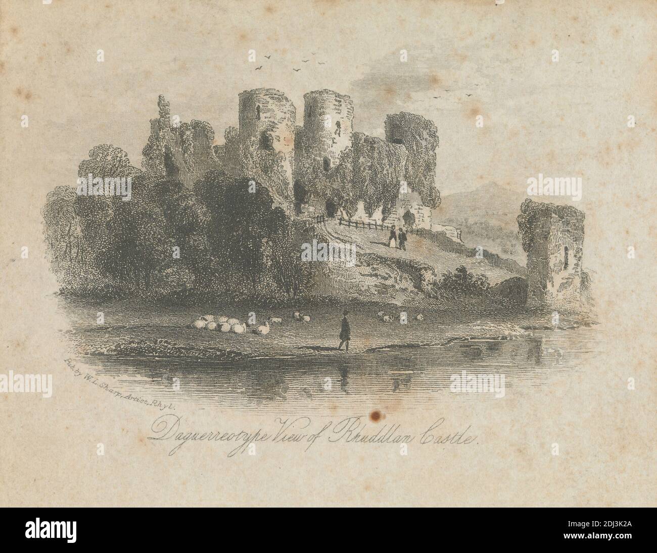 Daguerréotype vue du château de Rhuddlan, artiste inconnu, ( W. L. Sharp ), entre 1850 et 1860, gravure en lignes et gravure sur papier fin, légèrement texturé, à feuilles de 4 1/4 × 5 pouces (10.8 × 12.7 cm) et image : 2 3/4 × 4 1/8 pouces (7 × 10.5 cm), sujet architectural Banque D'Images
