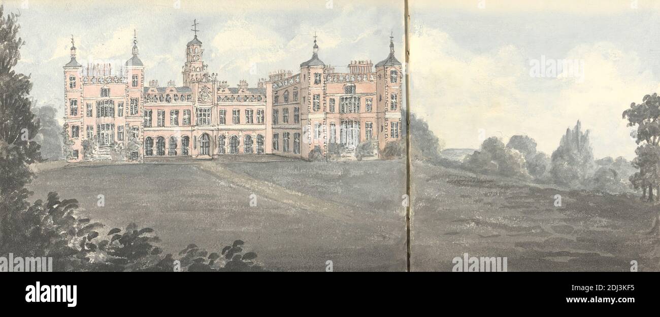 Hatfield, 2 juillet 1832, Anne Rushout, ca. 1768–1849, British, 1832, aquarelle, stylo et encre noire, et graphite sur papier à feuilles crème légèrement texturées modérément épais, feuille: 6 3/4 × 20 pouces (17.1 × 50.8 cm), sujet architectural Banque D'Images