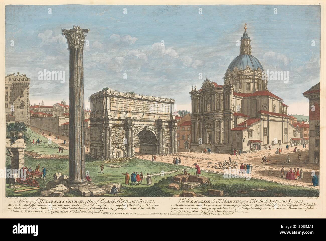 Une vue de l'église Saint-Martin, aussi de l'arche de Septimius Severus, par laquelle les généraux romains ont défilé dans leurs triomphes au Capitole., Thomas Bowles, ca. 1712–mort 1753, Britannique, après artiste inconnu, (Pinanesi), gravure non datée de couleur main sur papier vélin, plaque: 11 1/4 x 16 1/4in. (28.6 x 41,3 cm) et NE PAS UTILISER : 12 1/2 x 18 po. (31.8 x 45,7 cm), arche, sujet architectural, église, pilier, ruines, Italie, Rome Banque D'Images